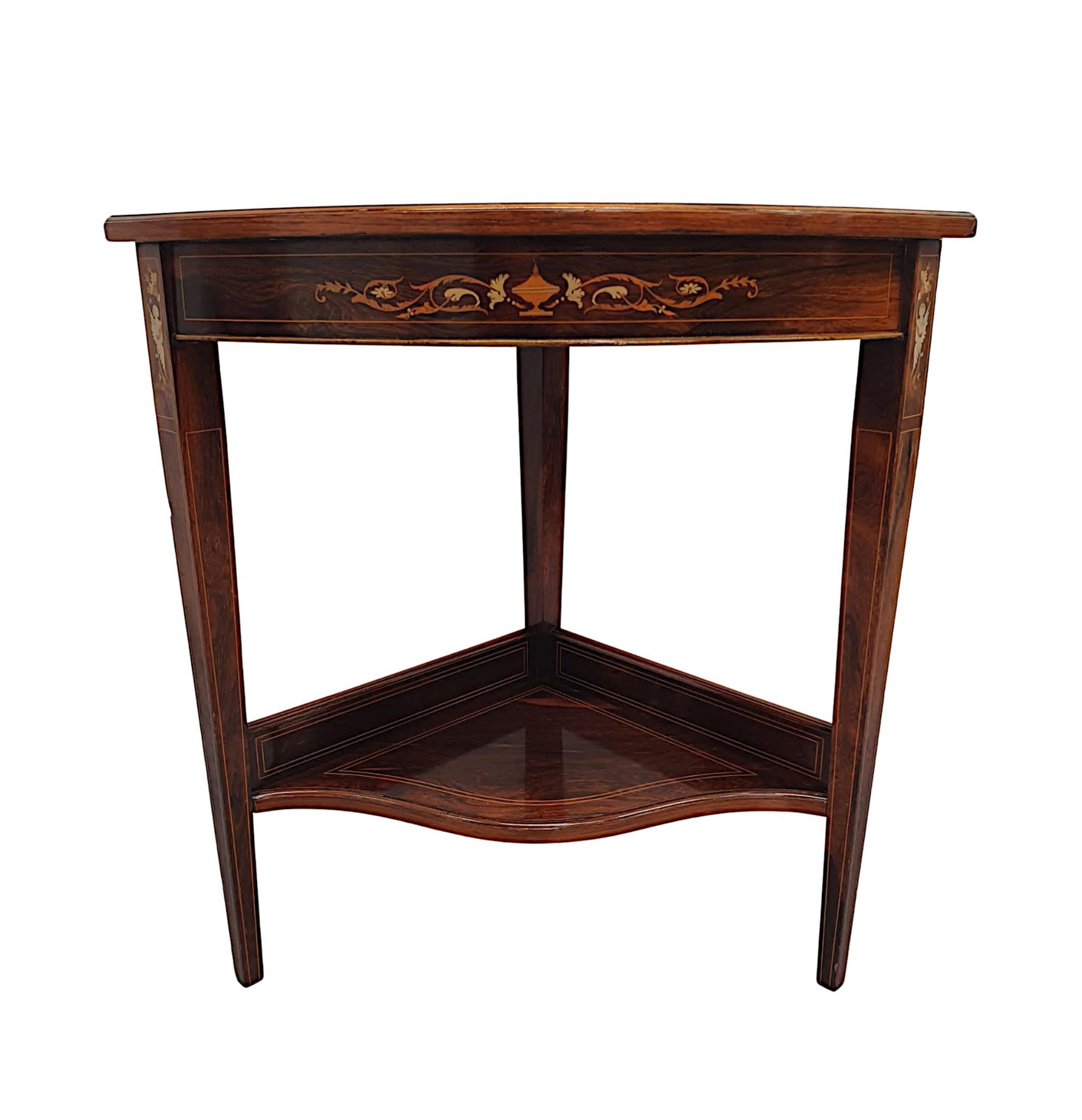 English Gorgeous Edwardian Line Inlaid Marquetry Corner Table For Sale