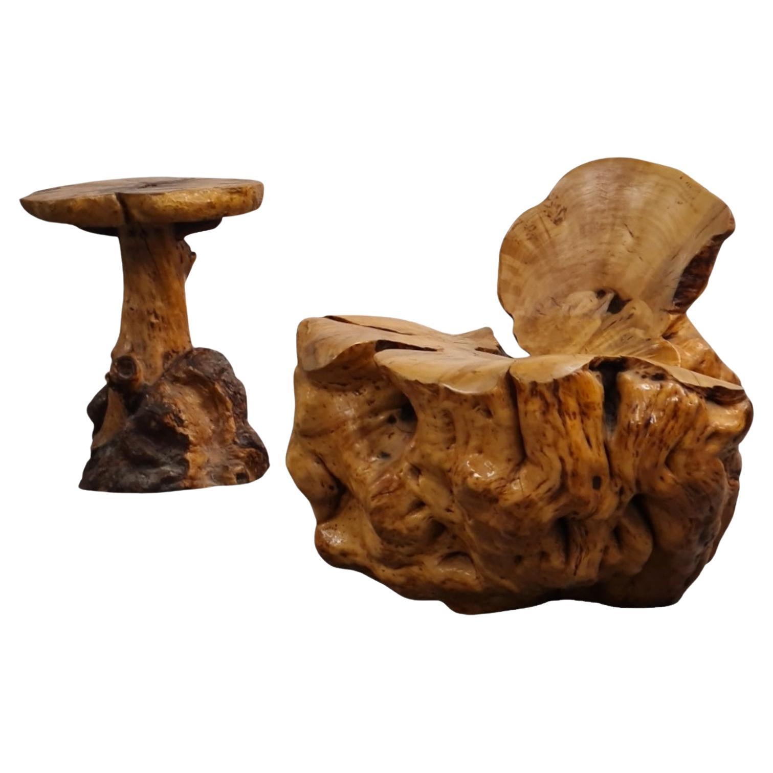 A Gorgeous Finnish Burl Set of a Chair and Side Table For Sale