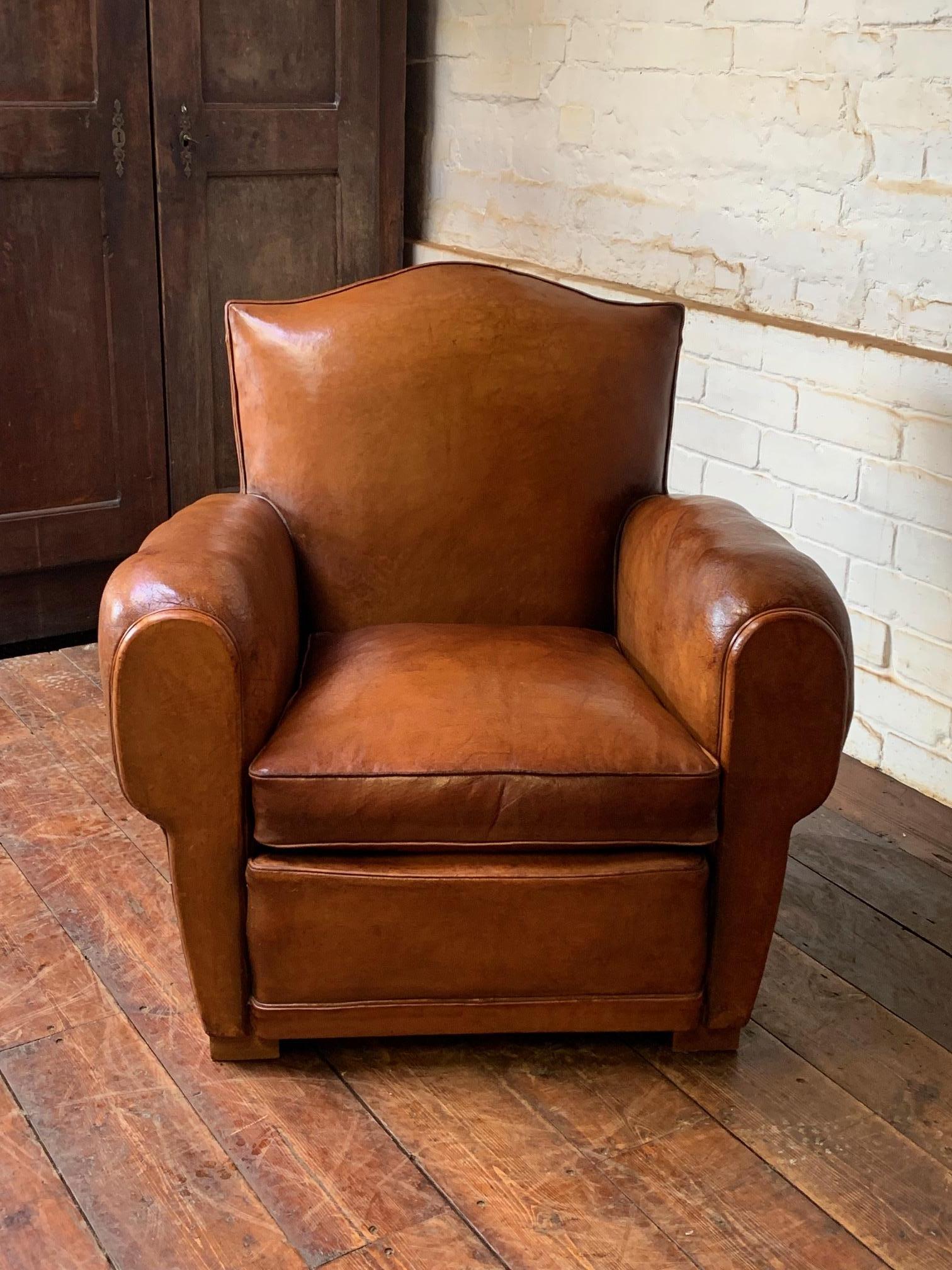 A Gorgeous French Leather Club Chair, Chapeau de Gendarme in Caramel, C 1950’s 5