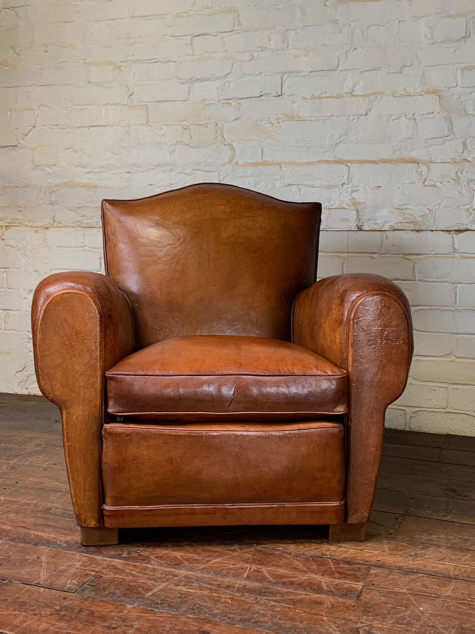 A Gorgeous French Leather Club Chair, Chapeau de Gendarme in Caramel, C 1950’s 6