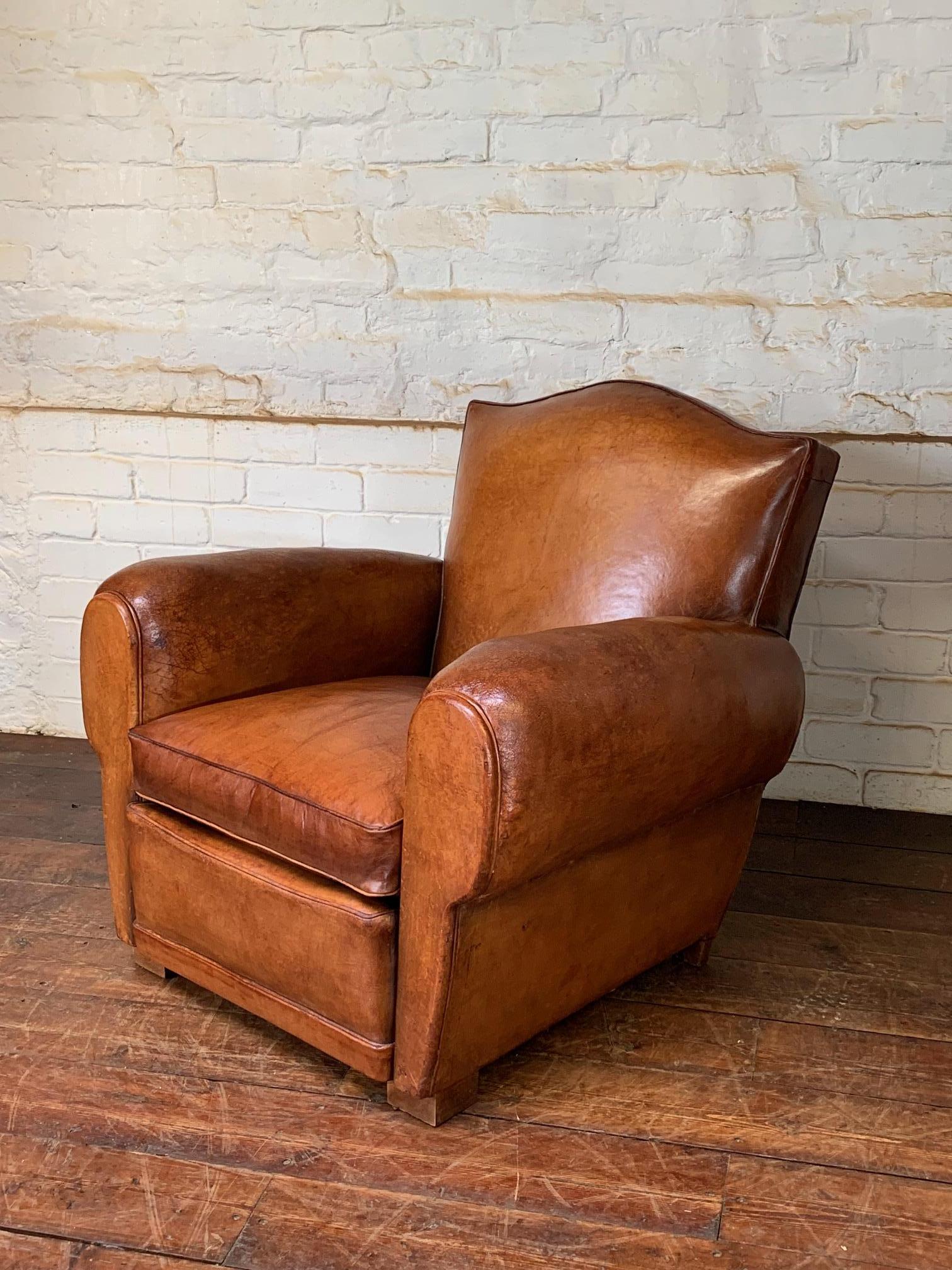 Mid-Century Modern A Gorgeous French Leather Club Chair, Chapeau de Gendarme in Caramel, C 1950’s