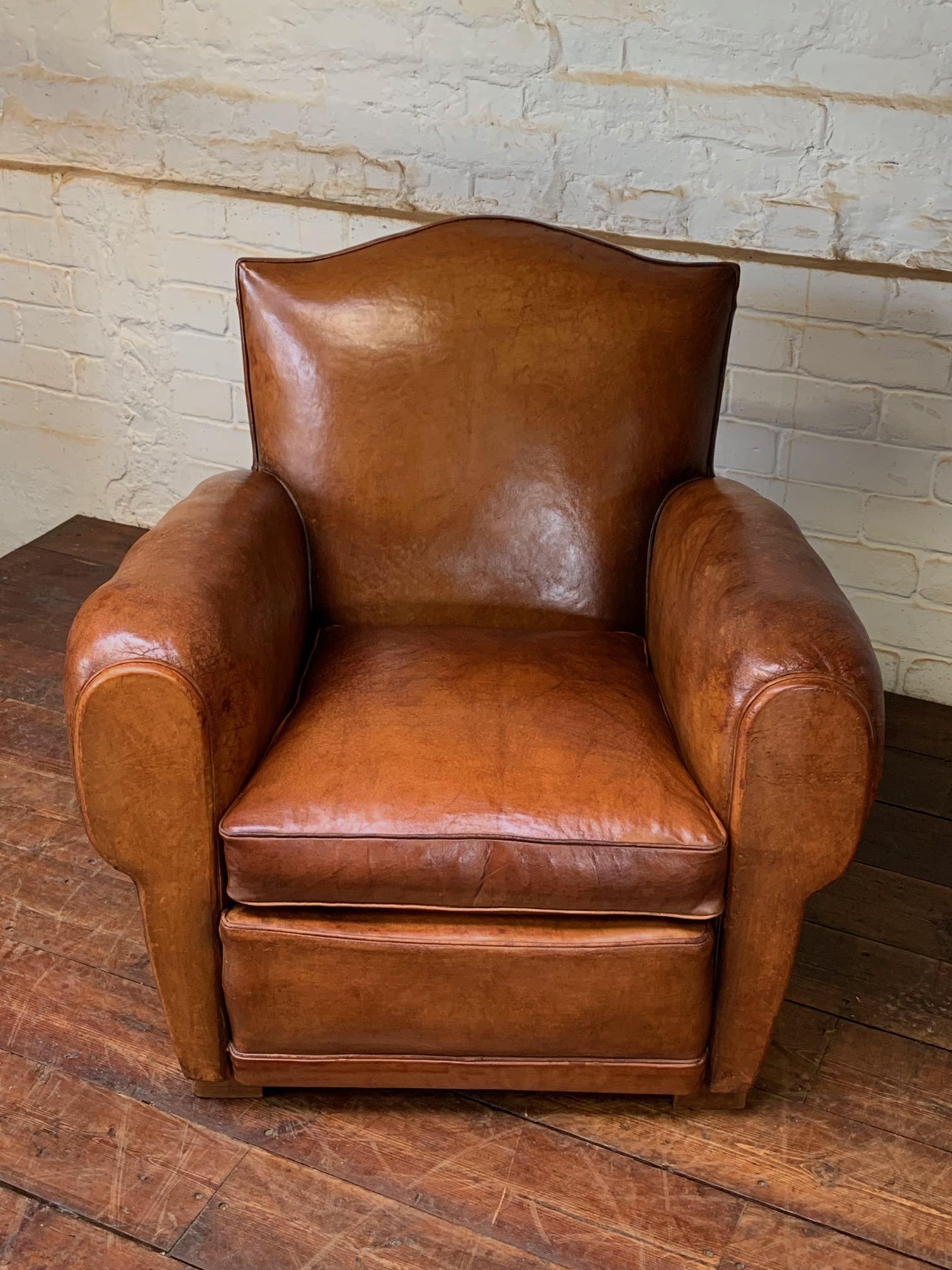 20th Century A Gorgeous French Leather Club Chair, Chapeau de Gendarme in Caramel, C 1950’s