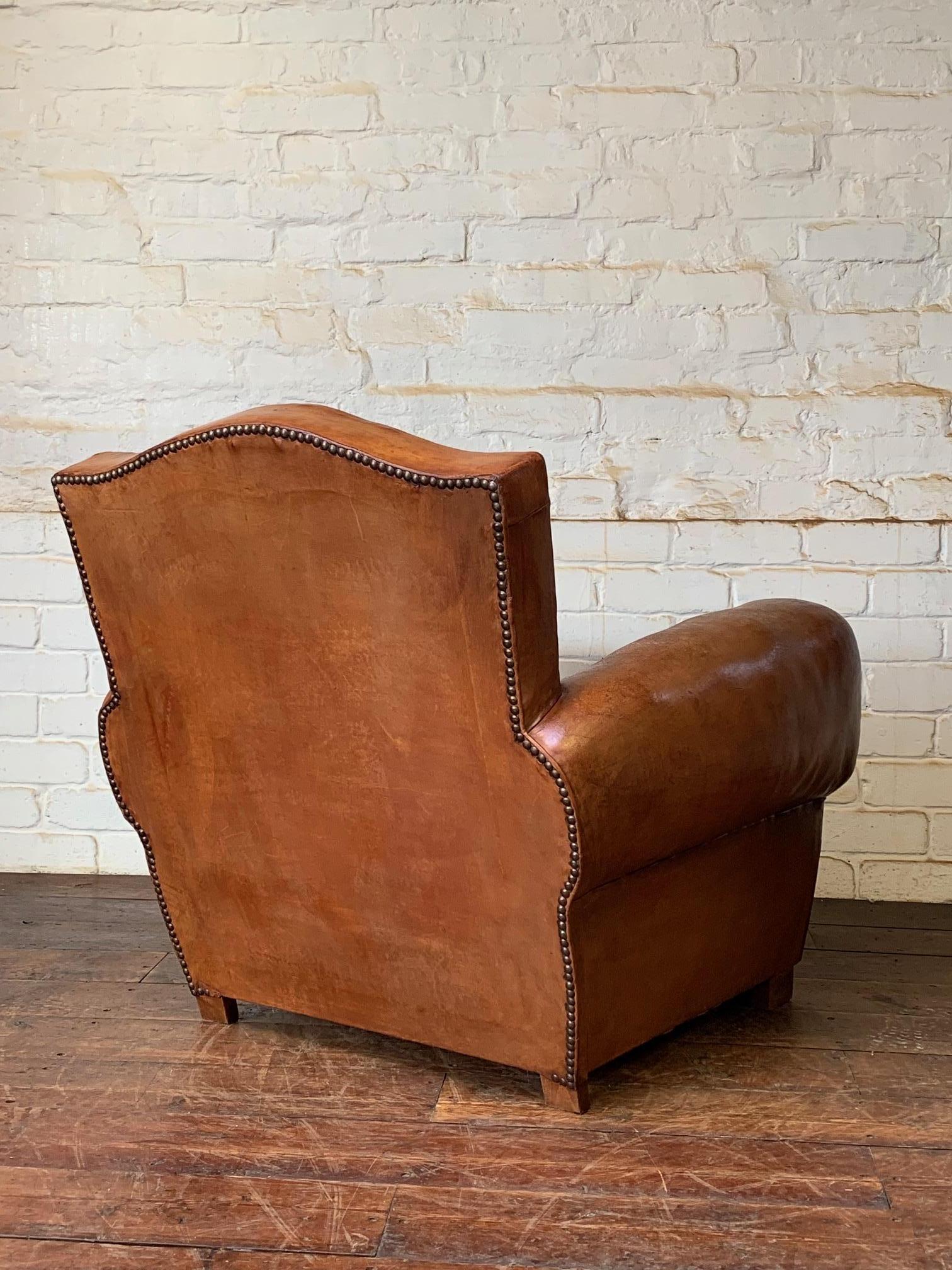 A Gorgeous French Leather Club Chair, Chapeau de Gendarme in Caramel, C 1950’s 1