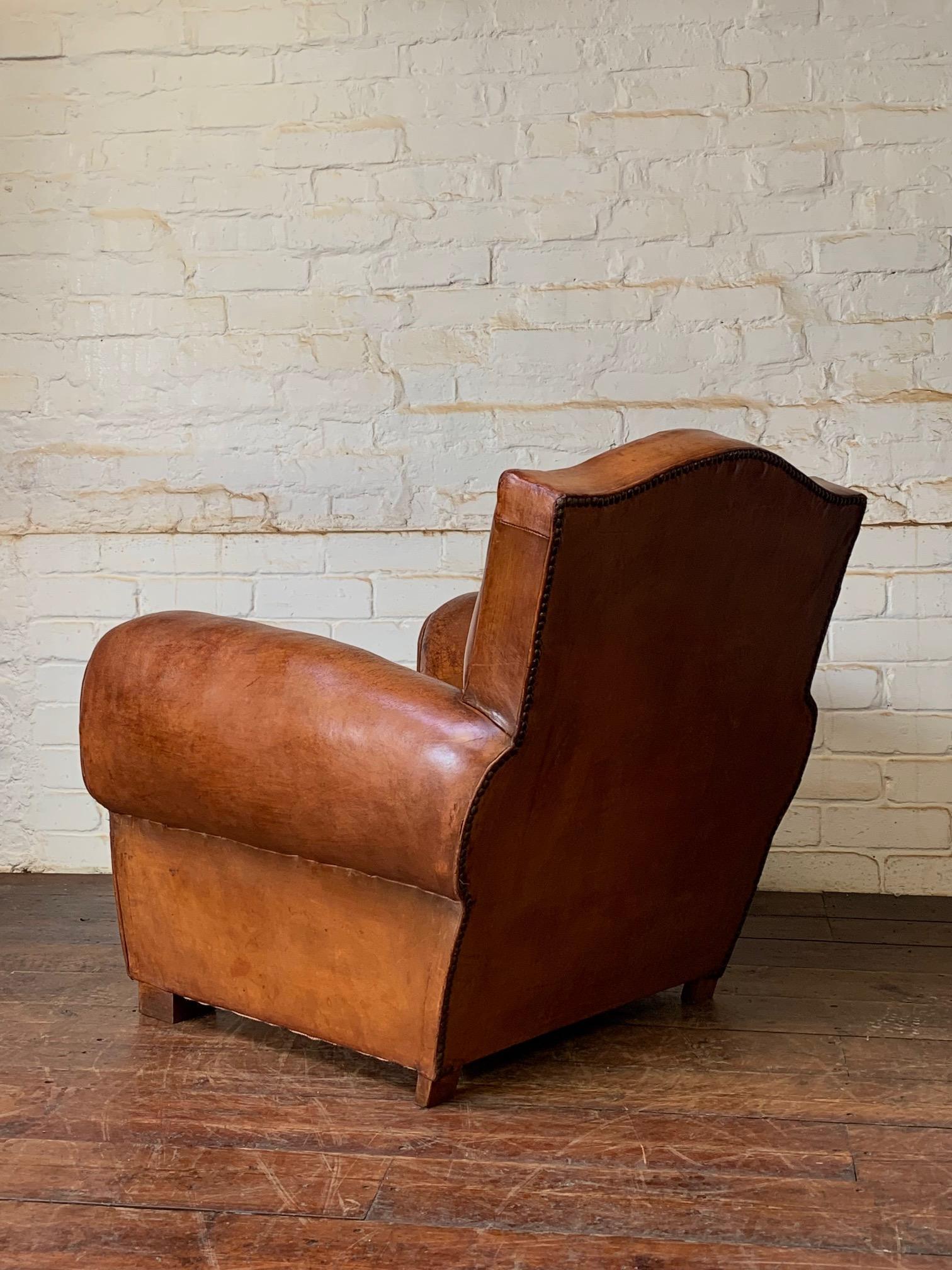 A Gorgeous French Leather Club Chair, Chapeau de Gendarme in Caramel, C 1950’s 2