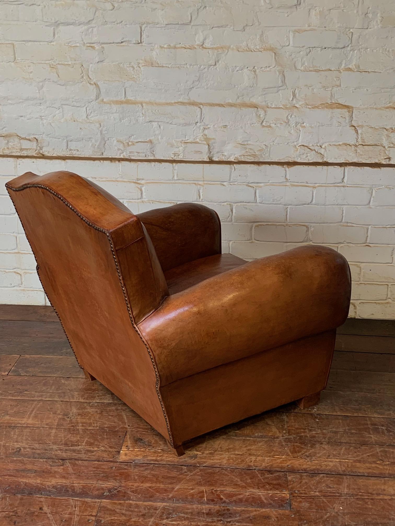 A Gorgeous French Leather Club Chair, Chapeau de Gendarme in Caramel, C 1950’s 3