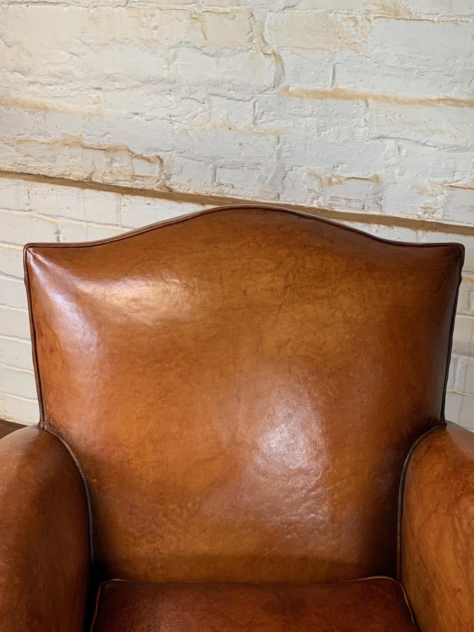 A Gorgeous French Leather Club Chair, Chapeau de Gendarme in Caramel, C 1950’s 4