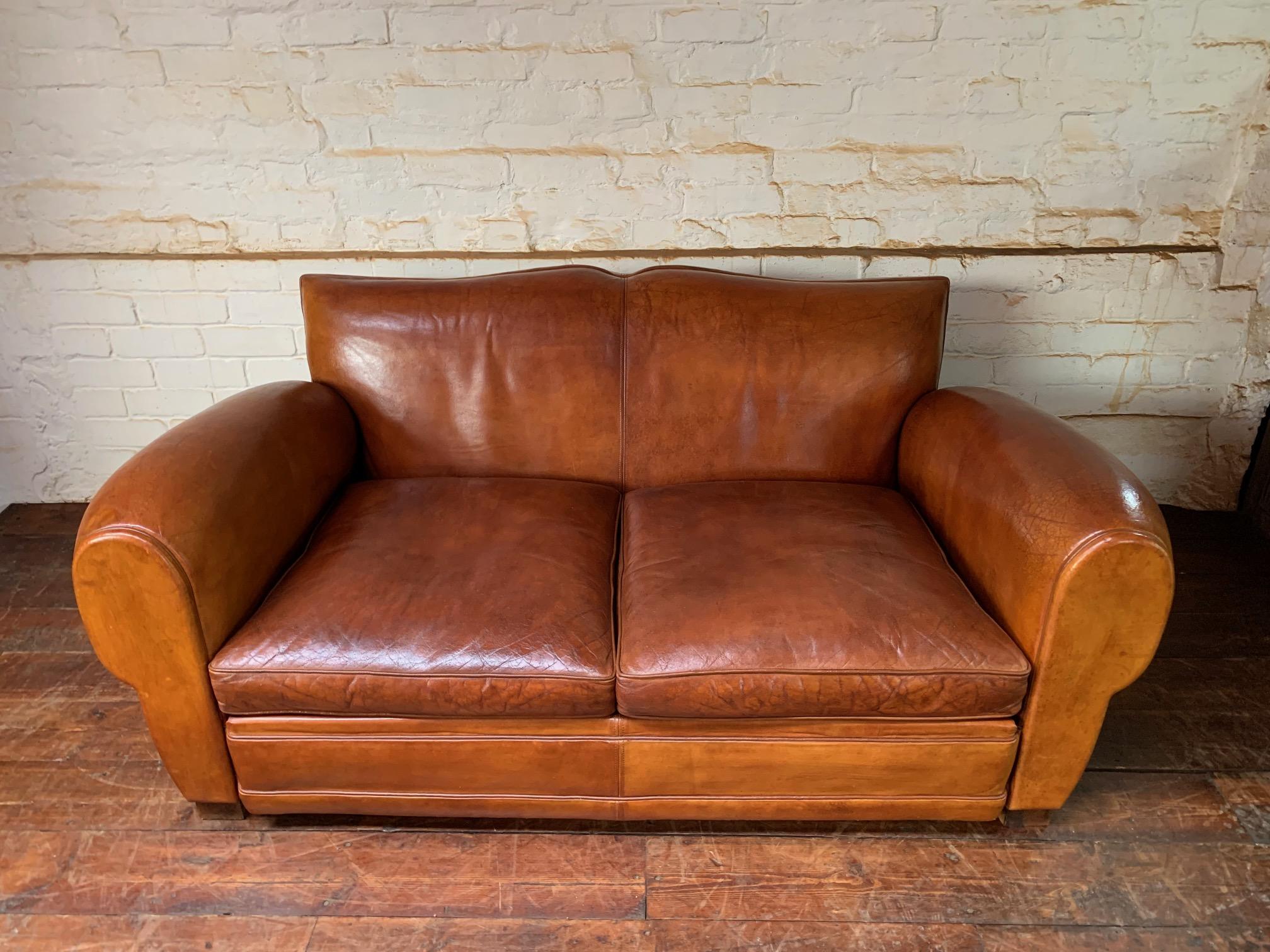 Mid-Century Modern A Gorgeous French Leather Club Salon, Caramel Moustache, Circa 1950’s