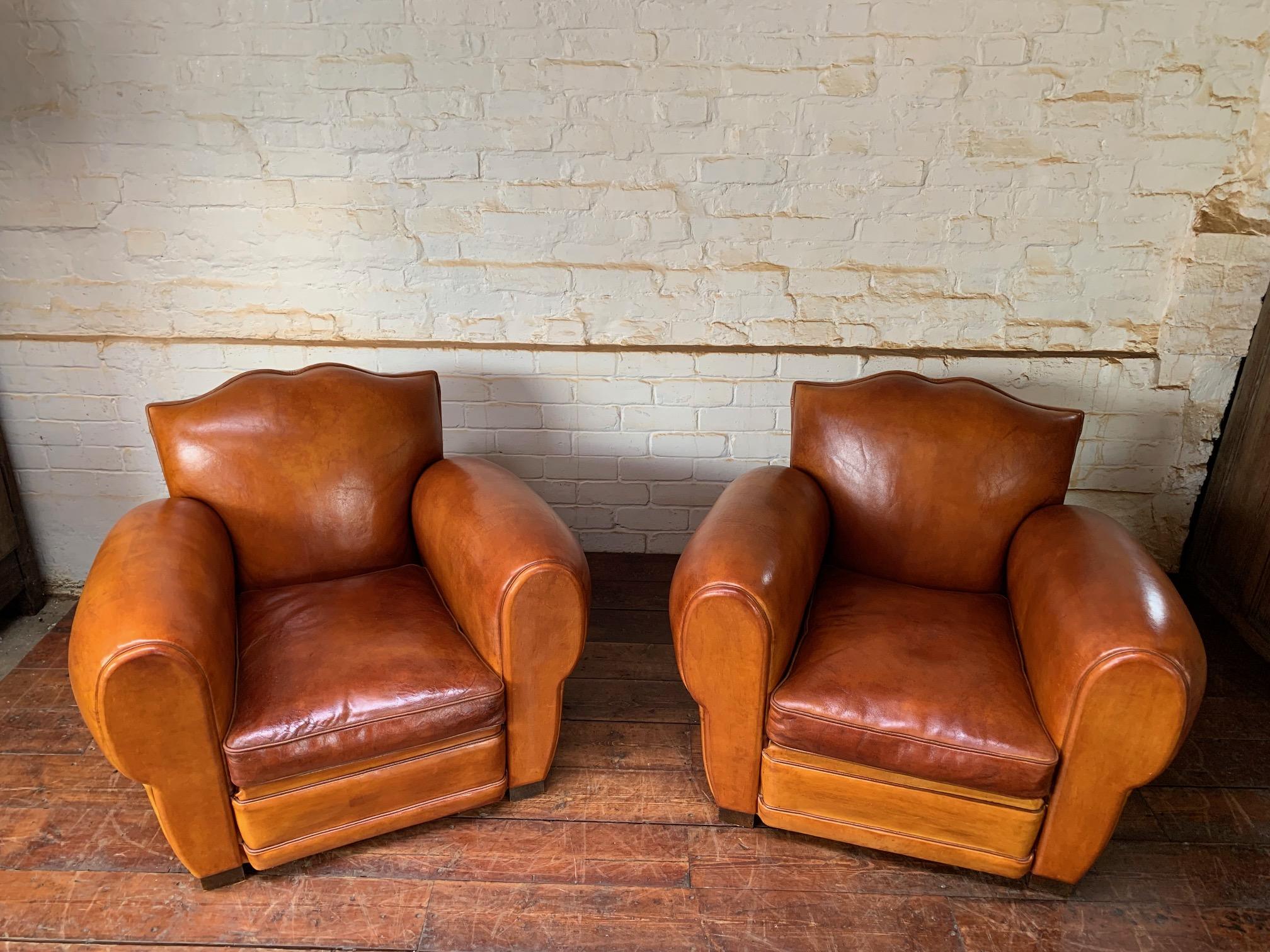 A Gorgeous French Leather Club Salon, Caramel Moustache, Circa 1950’s In Excellent Condition In Hastings, GB