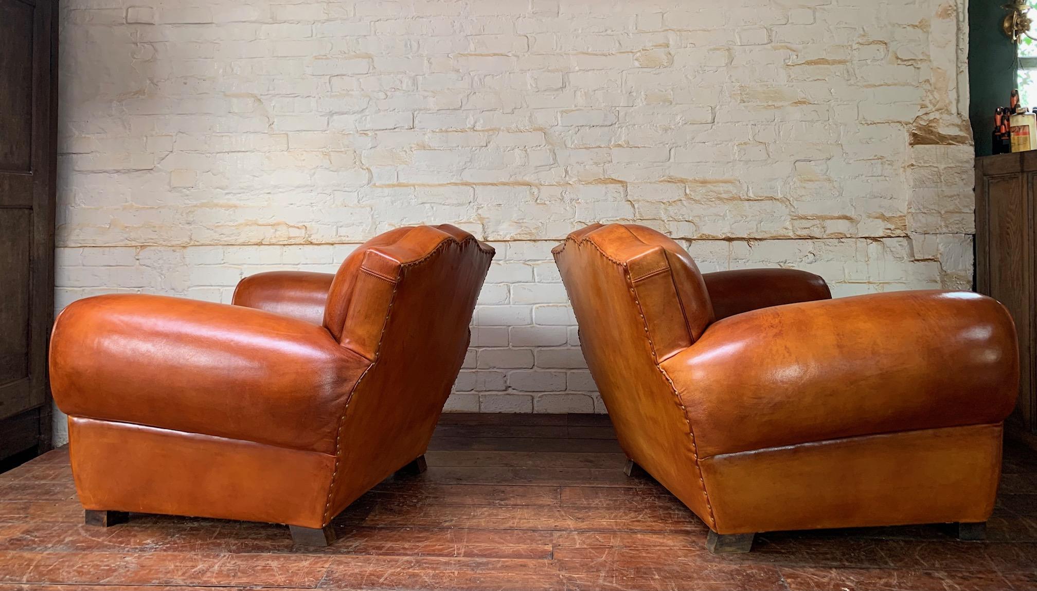20th Century A Gorgeous French Leather Club Salon, Caramel Moustache, Circa 1950’s