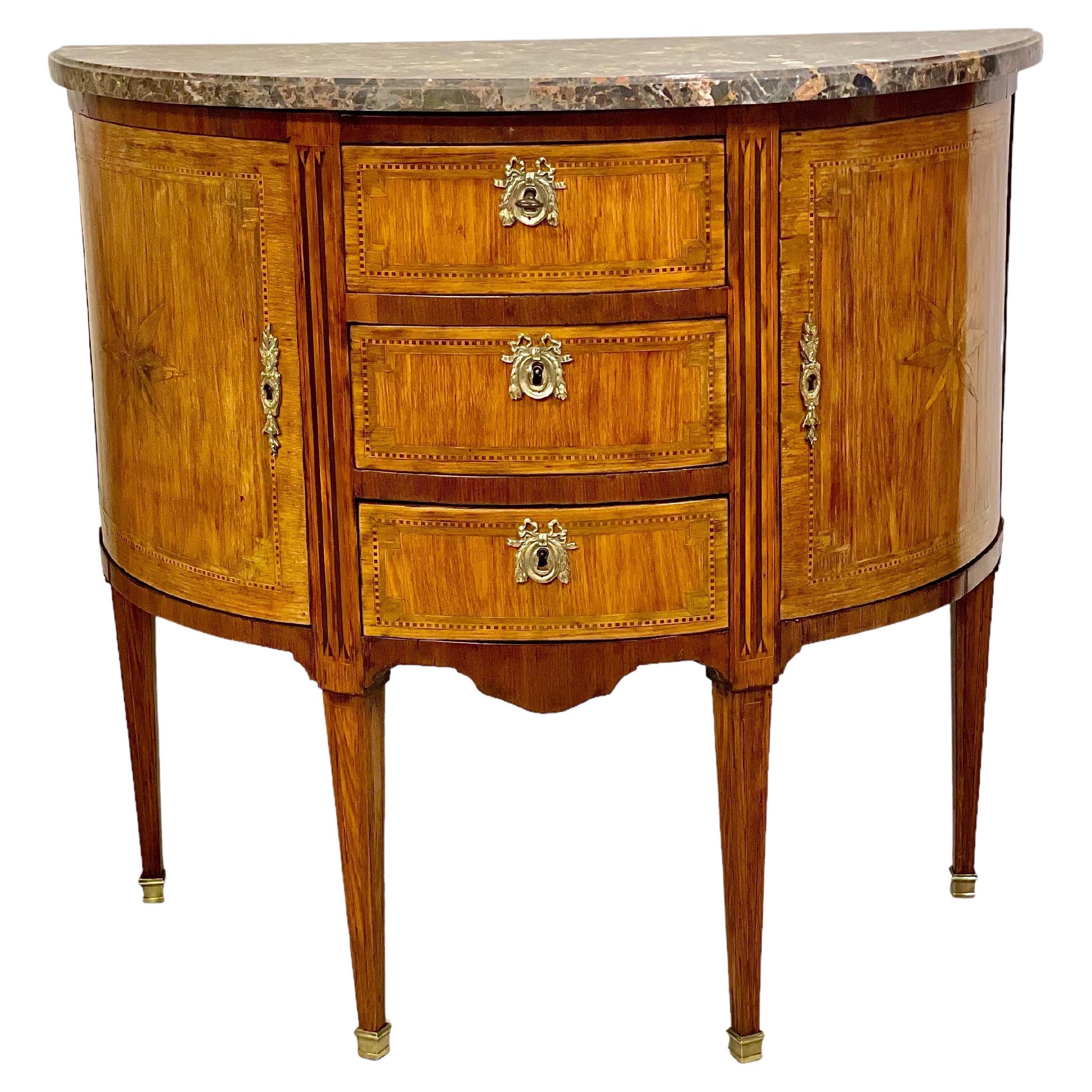 19th Century Louis XVI Style Marquetry Demi-Lune Commode with Marble Top For Sale