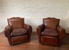 A Gorgeous Pair of 1940’s French Leather Club Chairs, Havana Moustache Models