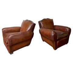 A Gorgeous Pair of 1940’s French Leather Club Chairs, Havana Moustache Models