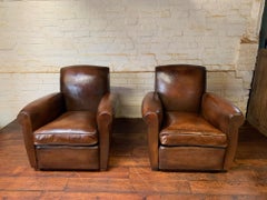 A Gorgeous Pair of French Leather Club Chairs, Cuban Lounge Models Circa 1940's