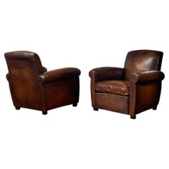 A Gorgeous Pair of French Leather Club Chairs, Cuban Lounge Models Circa 1940's