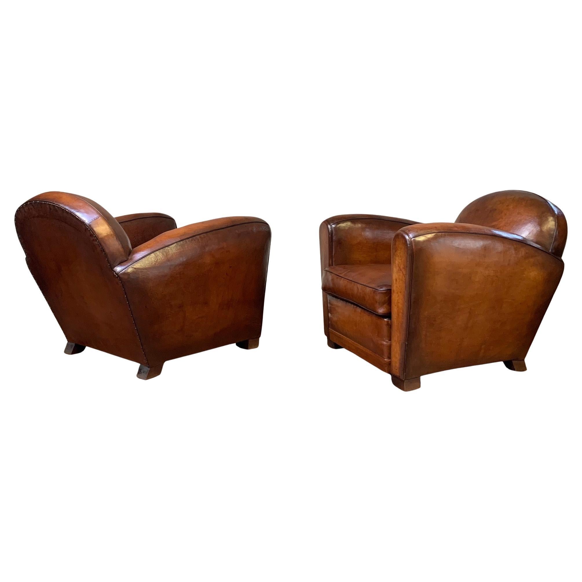 A Gorgeous Pair of French Leather Club Chairs, Parisian Round-Back Models, C1940