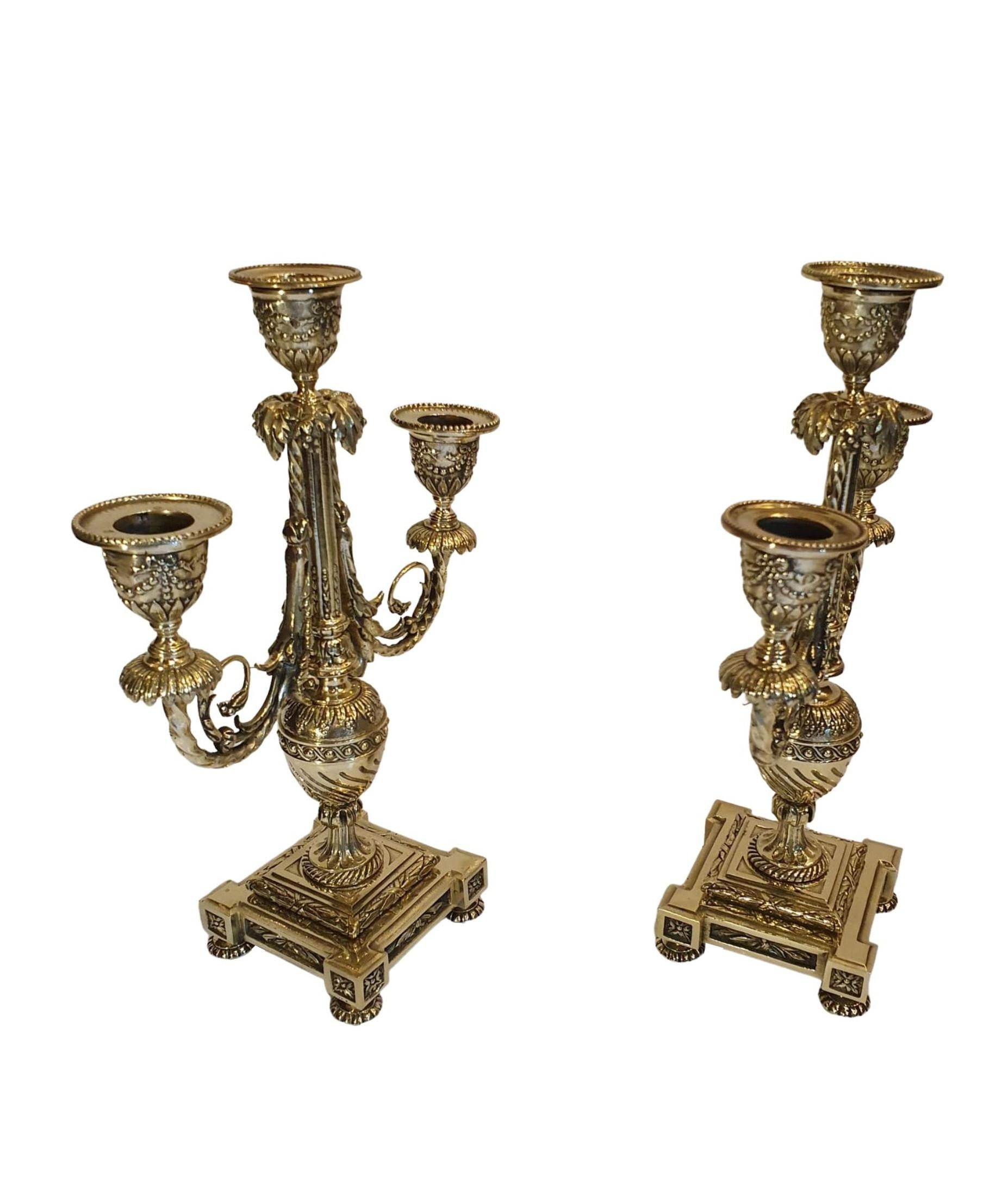 French Gorgeous Quality Pair of 19th Century Polished Brass Three Branch Can-Delabra For Sale