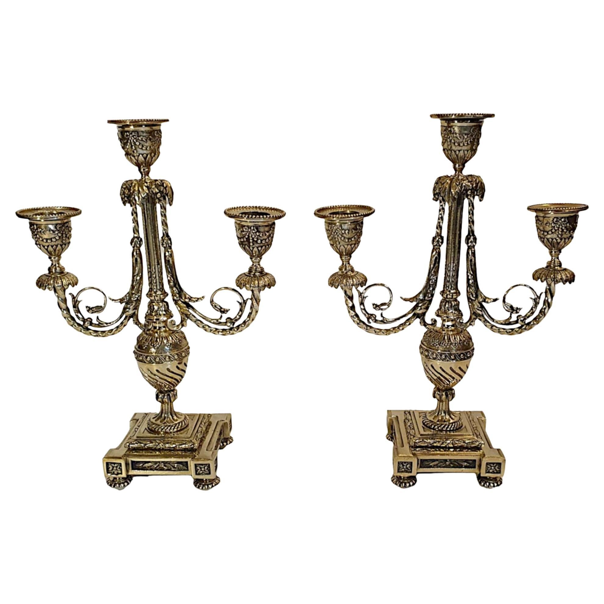 Gorgeous Quality Pair of 19th Century Polished Brass Three Branch Can-Delabra For Sale