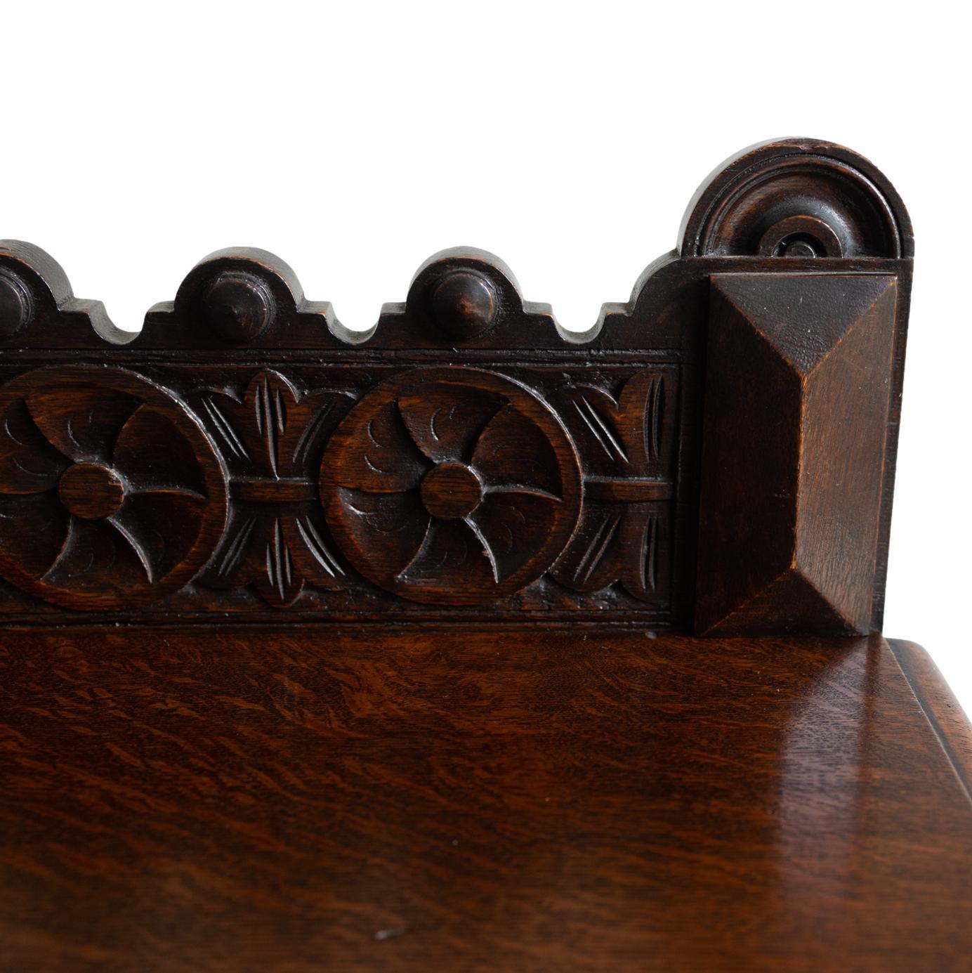 Gothic Revival A Gothic Hand-Carved Oak Console Table, Hidden Frieze Drawer, English, ca. 1870