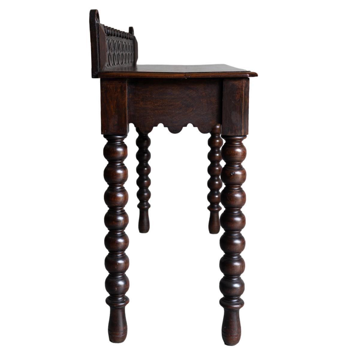 19th Century A Gothic Hand-Carved Oak Console Table, Hidden Frieze Drawer, English, ca. 1870 For Sale