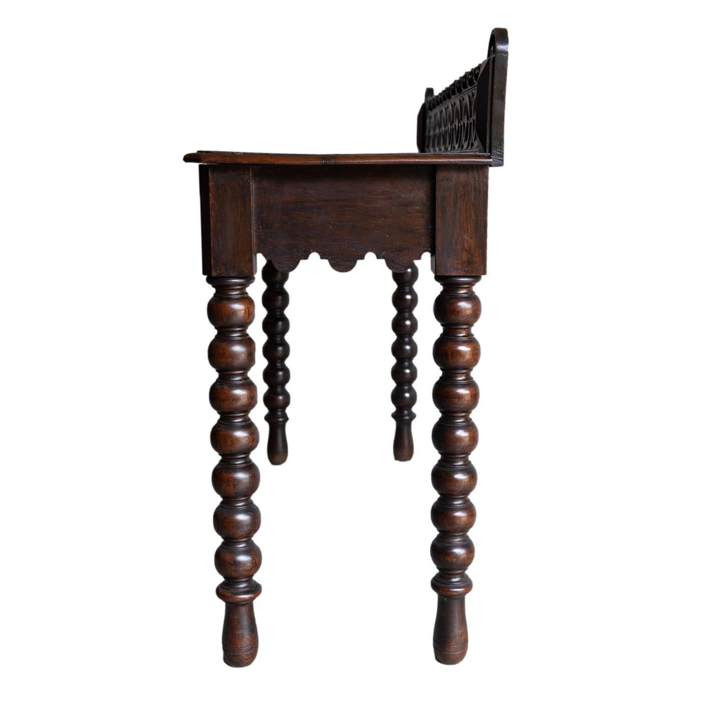 A Gothic Hand-Carved Oak Console Table, Hidden Frieze Drawer, English, ca. 1870 2