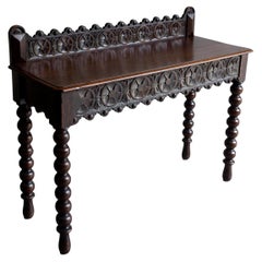 Used A Gothic Hand-Carved Oak Console Table, Hidden Frieze Drawer, English, ca. 1870