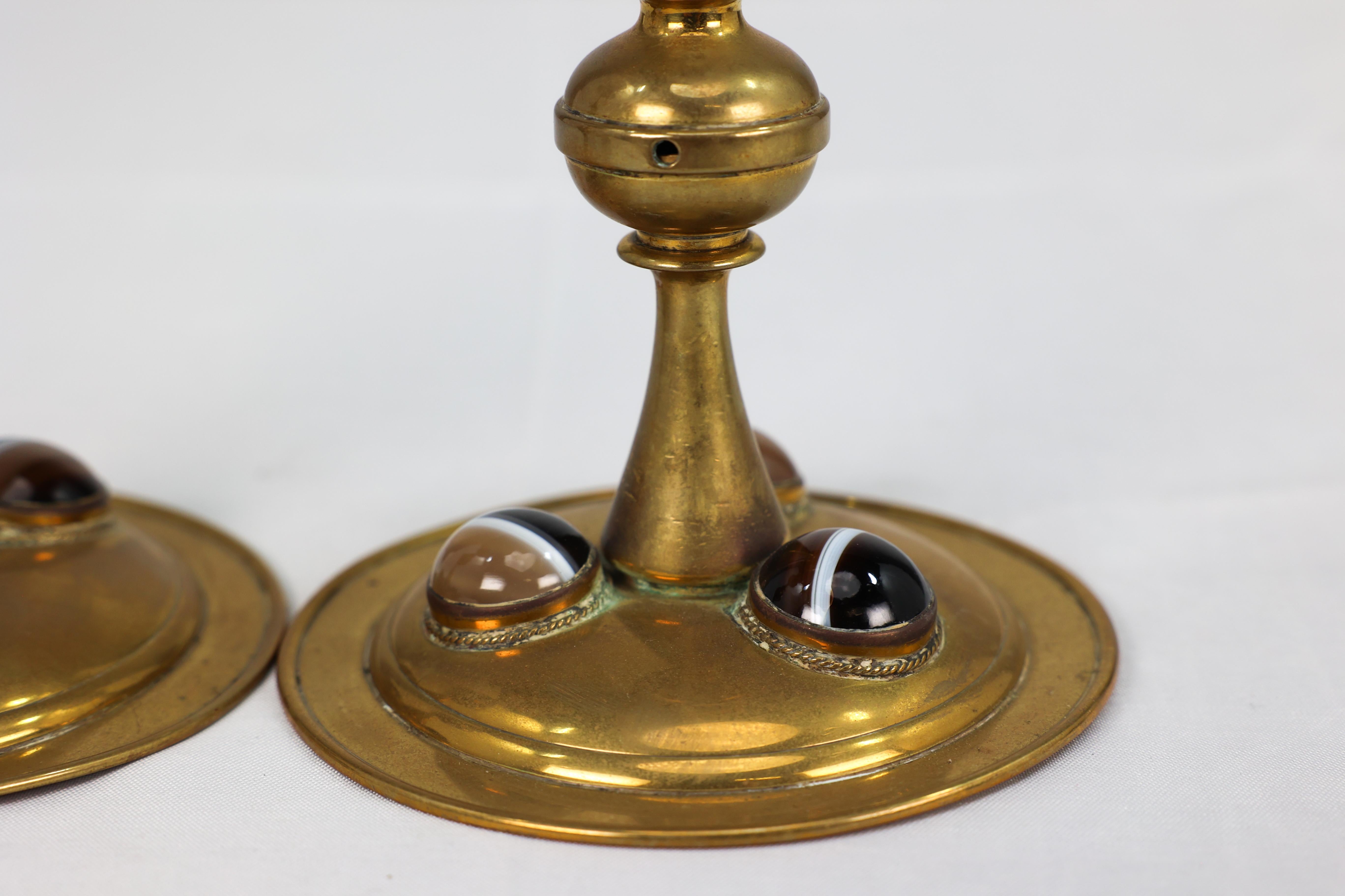 Gothic Revival brass desk set with a pair of candlesticks & a matching pen tray. For Sale 10
