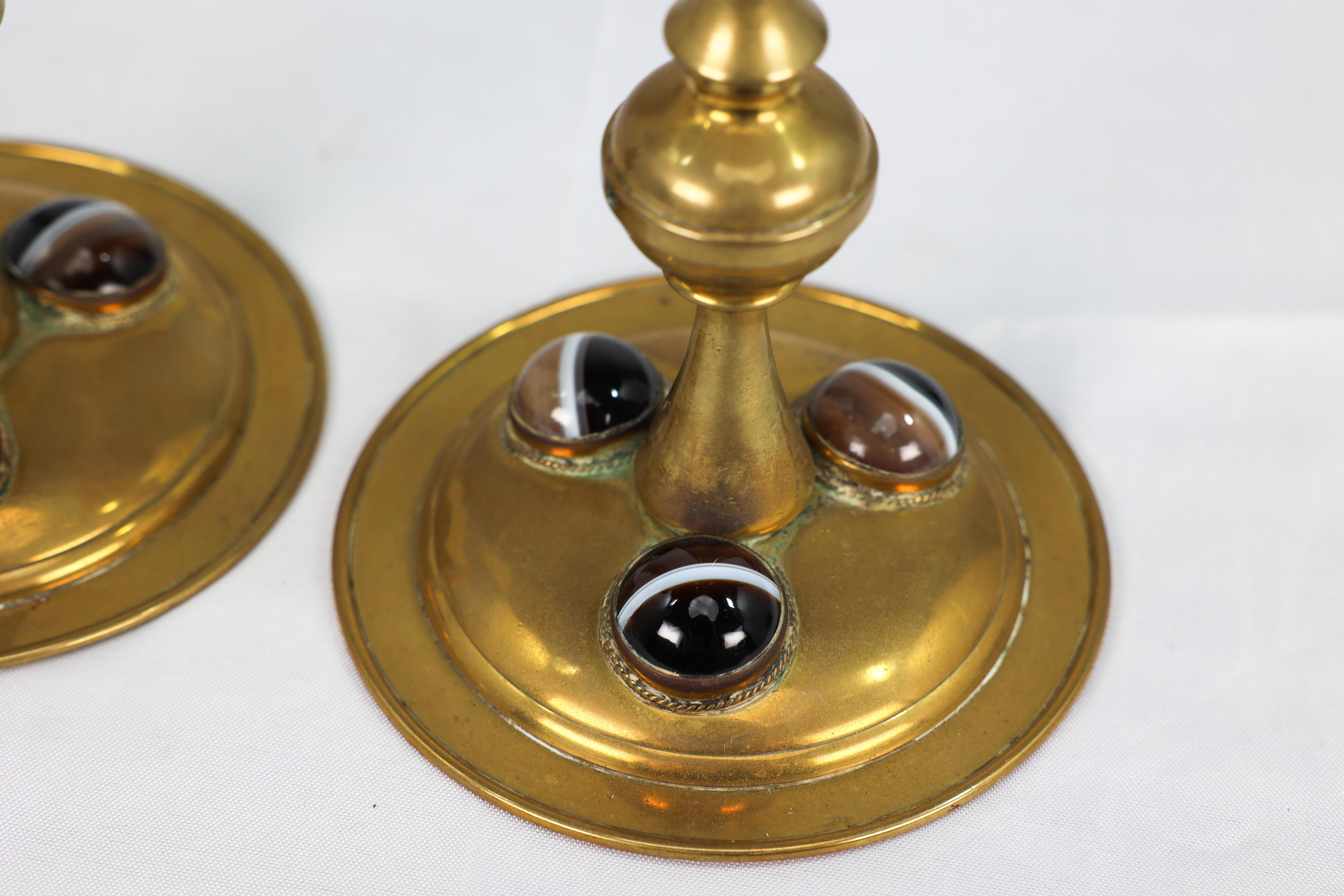 Gothic Revival brass desk set with a pair of candlesticks & a matching pen tray. For Sale 12