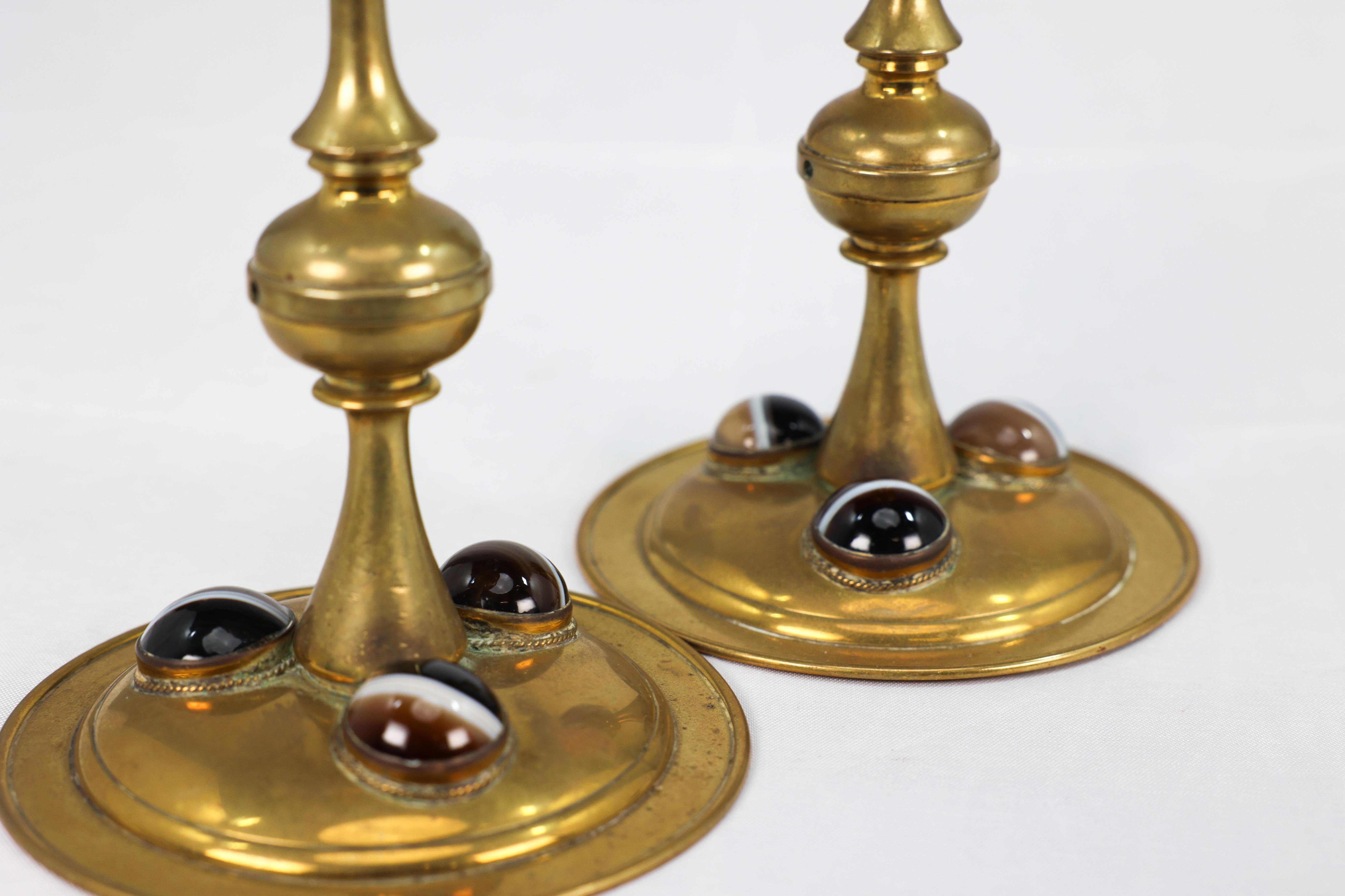 Gothic Revival brass desk set with a pair of candlesticks & a matching pen tray. For Sale 2