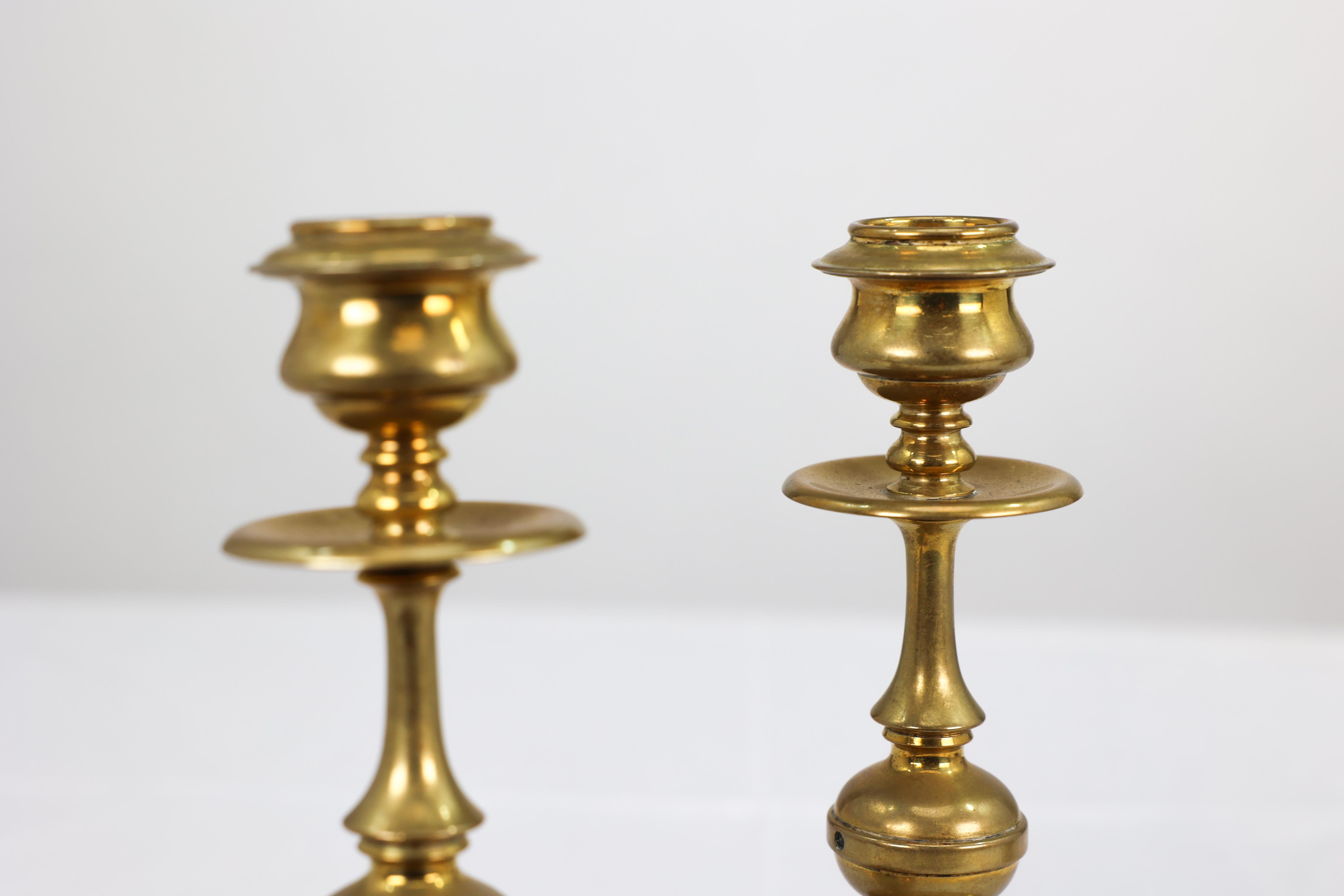 Gothic Revival brass desk set with a pair of candlesticks & a matching pen tray. For Sale 1