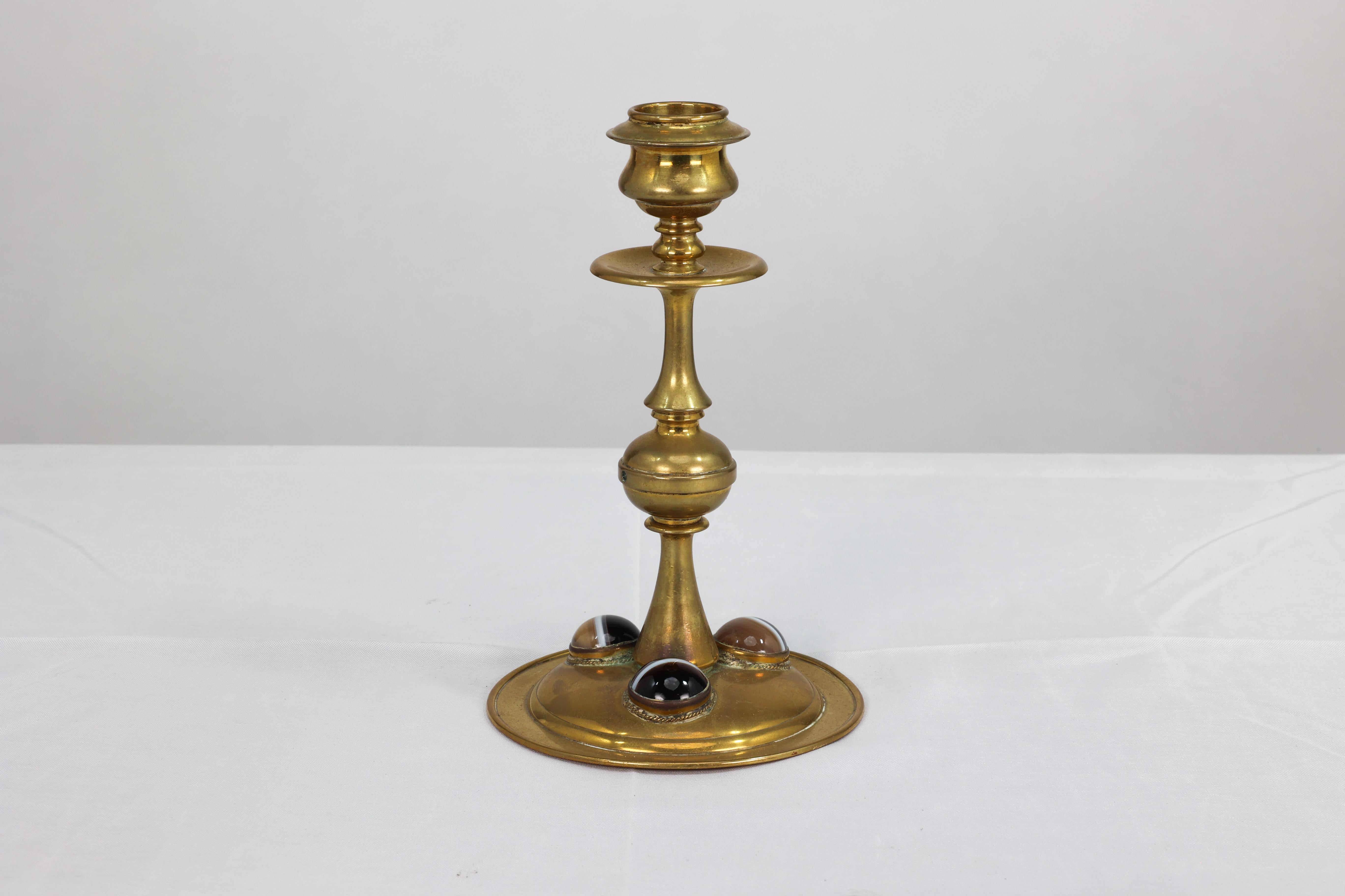 Late 19th Century Gothic Revival brass desk set with a pair of candlesticks & a matching pen tray. For Sale