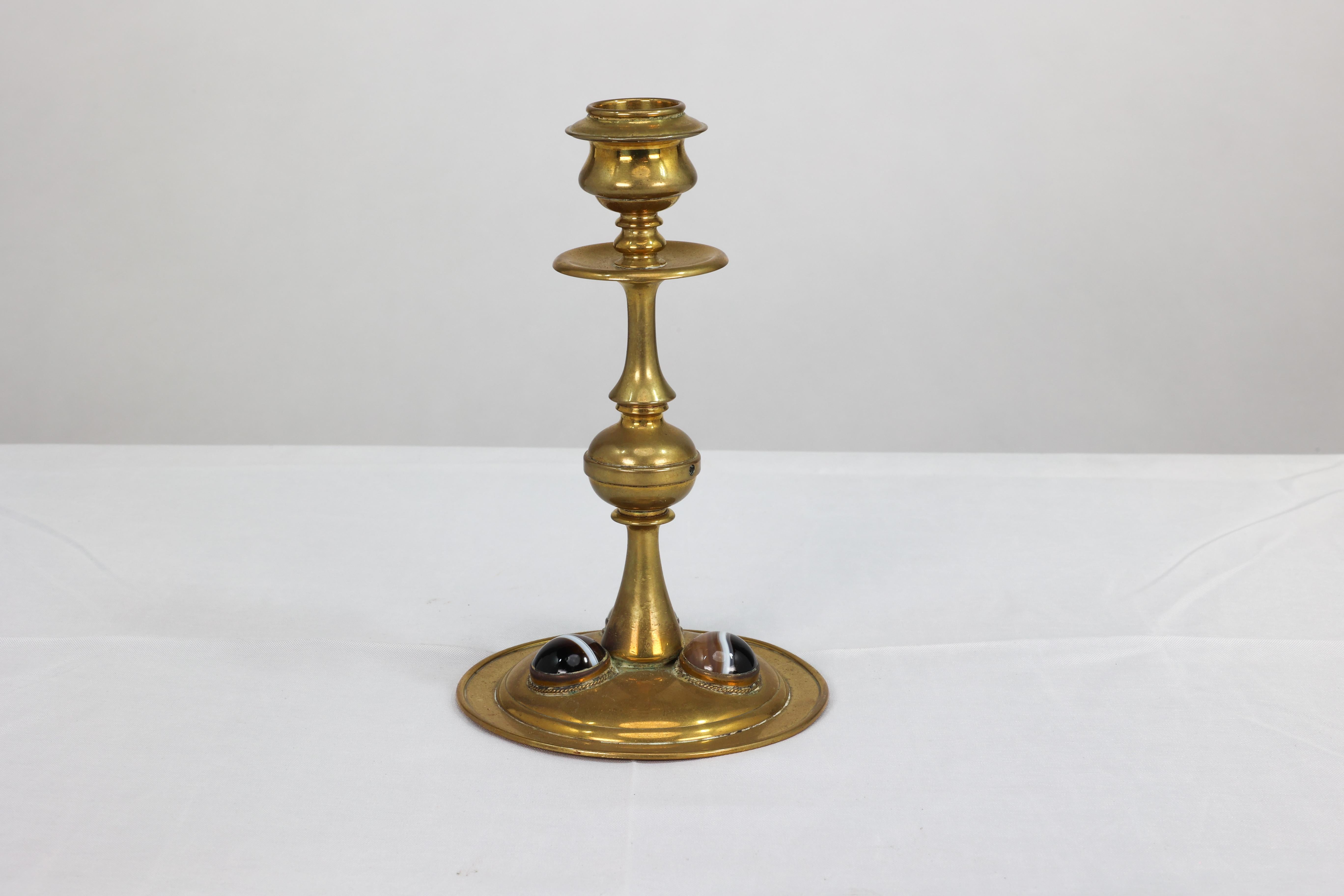 Brass Gothic Revival brass desk set with a pair of candlesticks & a matching pen tray. For Sale