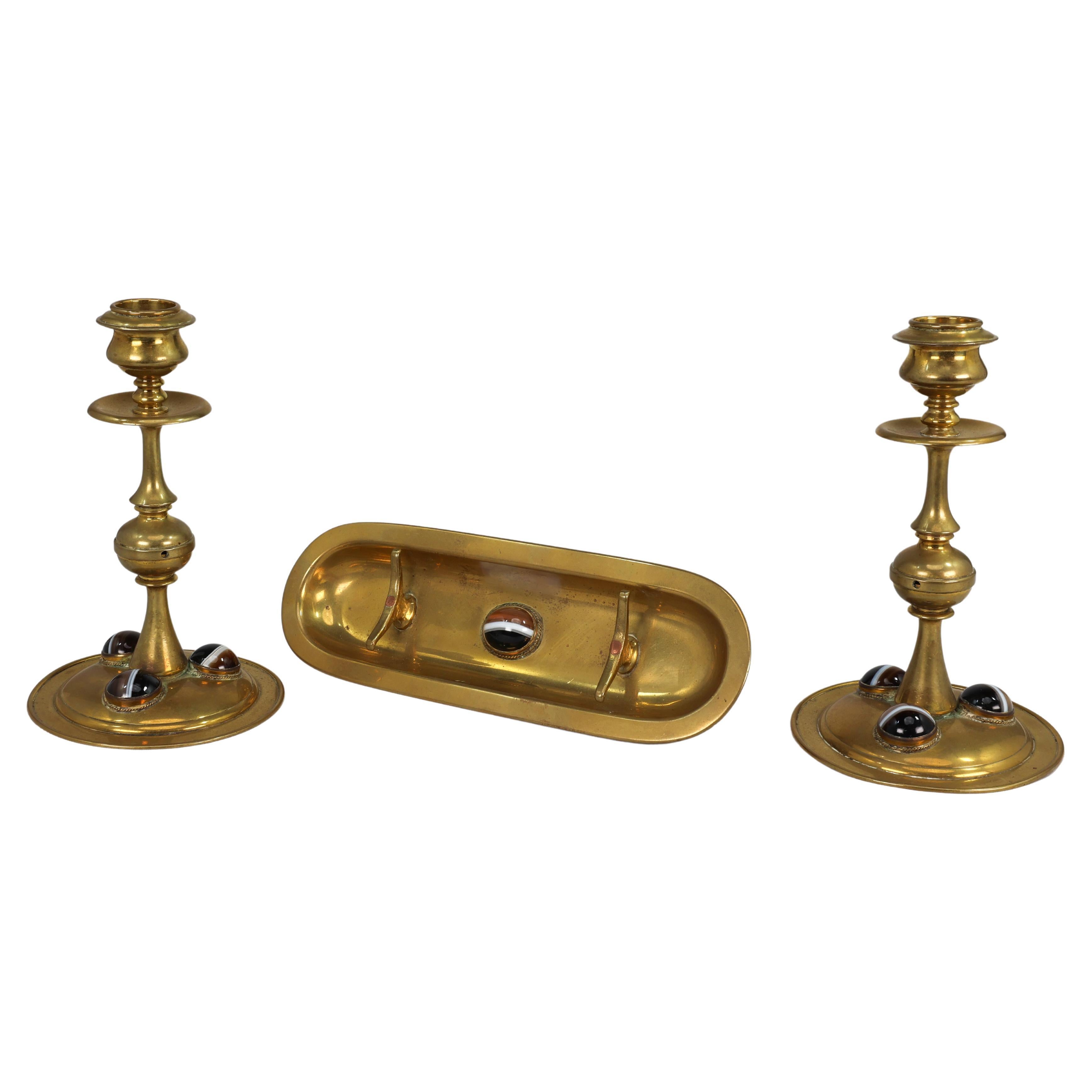 Gothic Revival brass desk set with a pair of candlesticks & a matching pen tray. For Sale