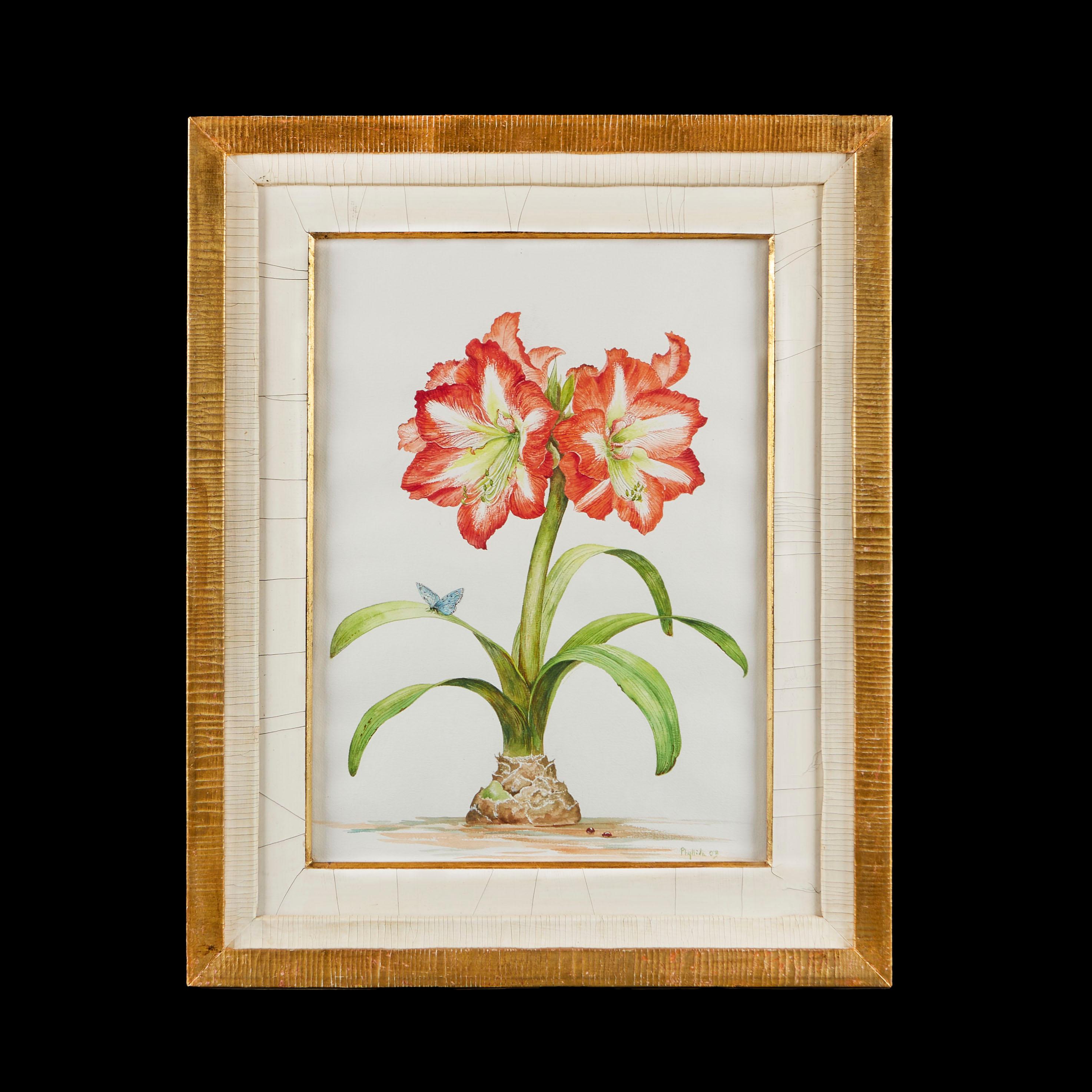 England, um 1950

Eine schöne Gouache einer großen Amaryllis mit zwei prächtigen Blüten und einem blauen Schmetterling, der auf einem Blatt am Stiel sitzt, gerahmt in einer doppelten Cracquelle mit Elfenbeineinfassung und einem Rahmen aus Goldholz.