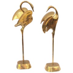 A Graceful Pair of Stylized Solid Brass Cranes