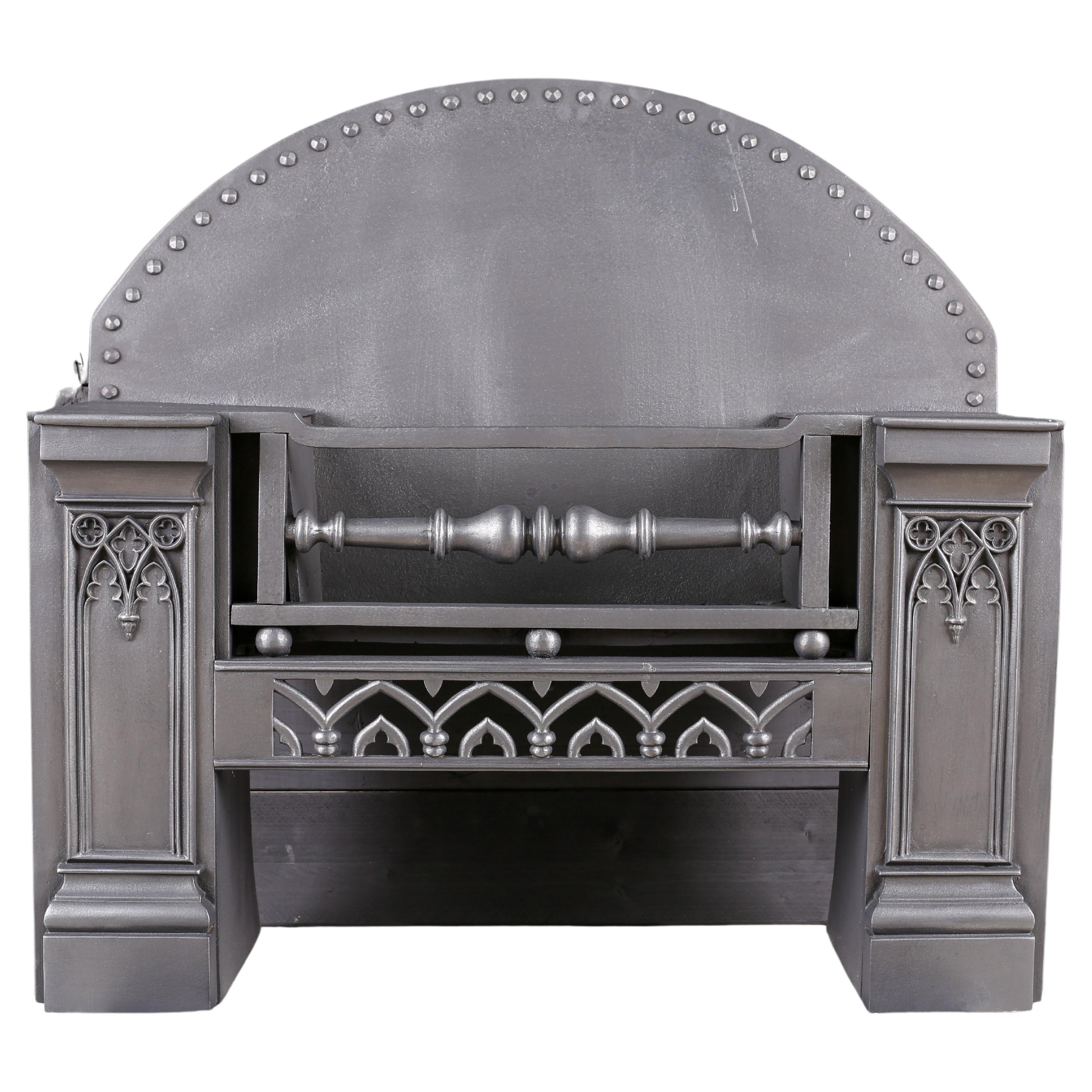 Grand Cast Iron Victorian Gothic Revival Hob Grate Fireplace, English, C.1860 For Sale
