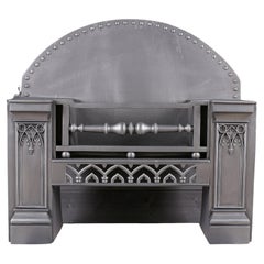 Antique Grand Cast Iron Victorian Gothic Revival Hob Grate Fireplace, English, C.1860