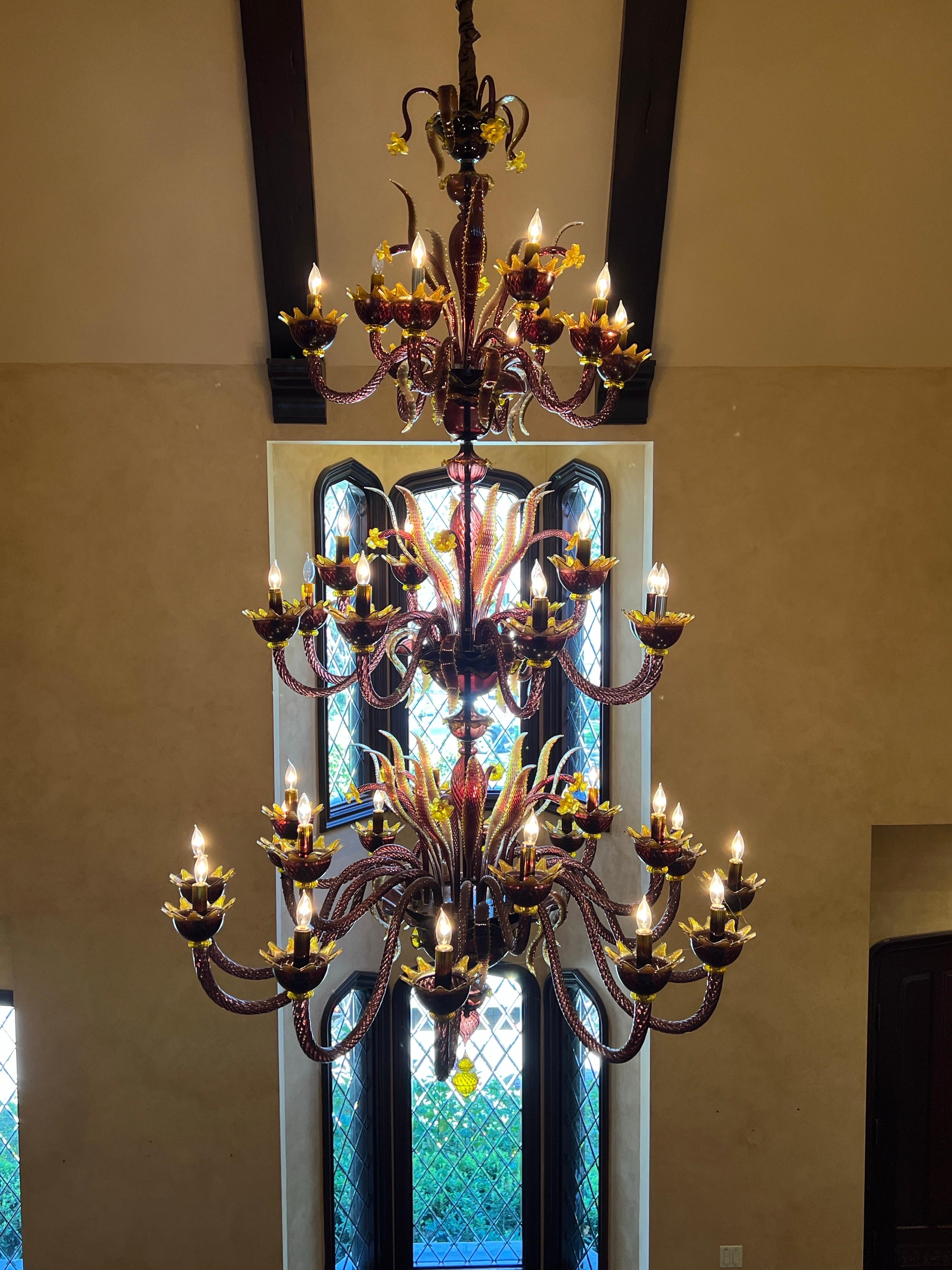 A Grand Custom-Commissioned Murano Amethyst & Amber 36-Arm Chandelier & Sconces For Sale 3