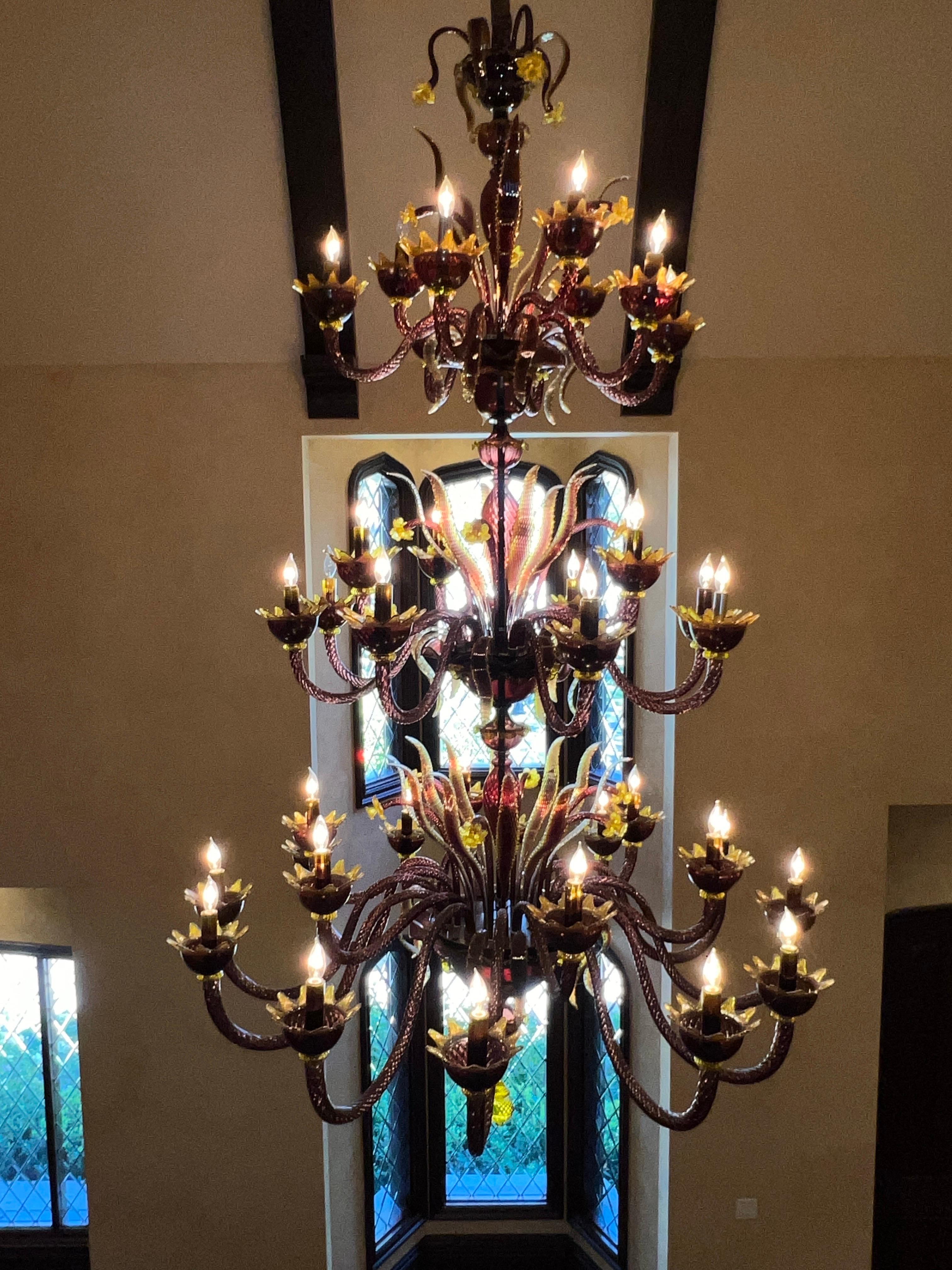 A Grand Custom-Commissioned Murano Amethyst & Amber 36-Arm Chandelier & Sconces For Sale 4