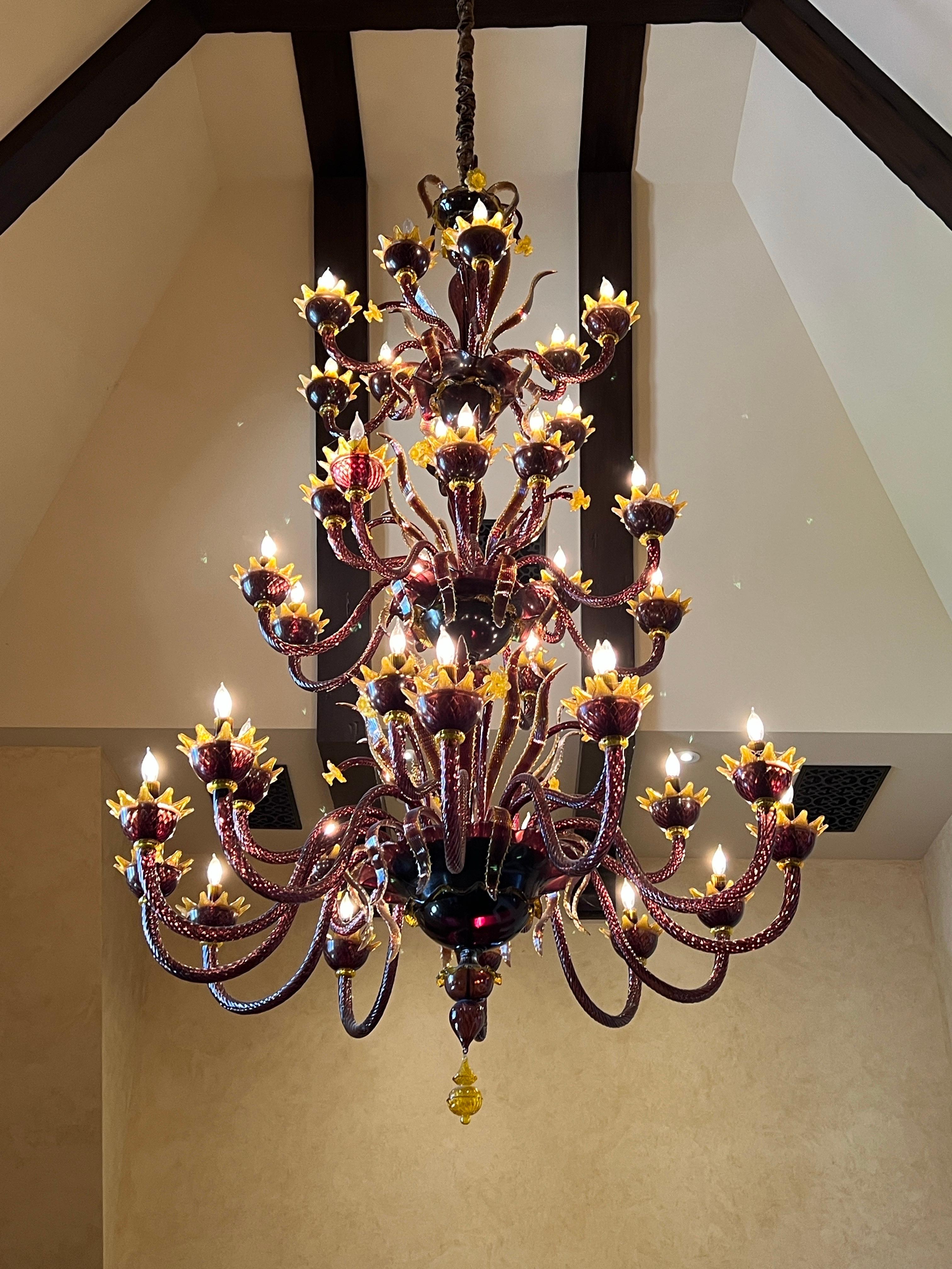 Hand-Crafted A Grand Custom-Commissioned Murano Amethyst & Amber 36-Arm Chandelier & Sconces For Sale