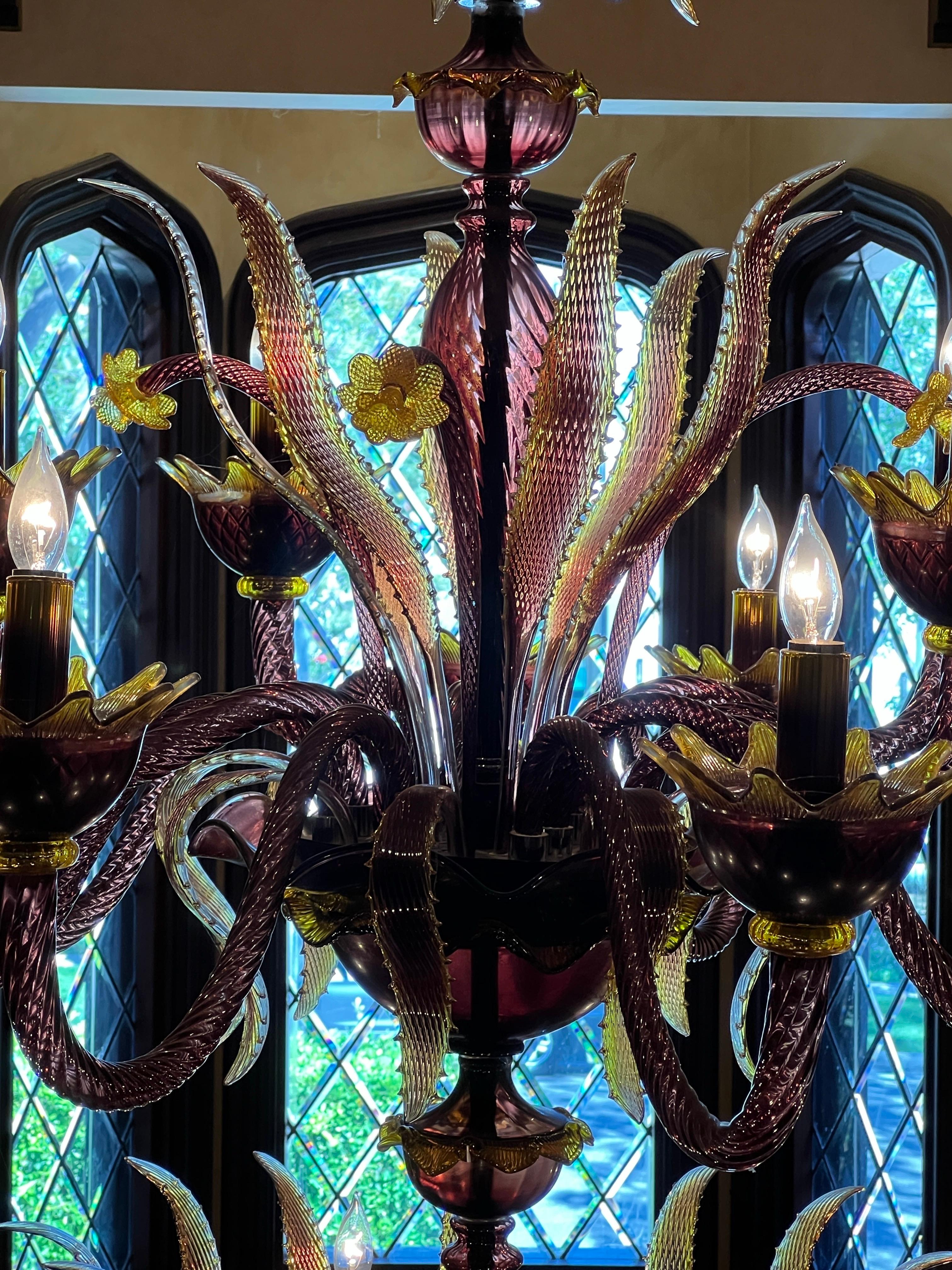 A Grand Custom-Commissioned Murano Amethyst & Amber 36-Arm Chandelier & Sconces In Excellent Condition For Sale In Los Angeles, CA