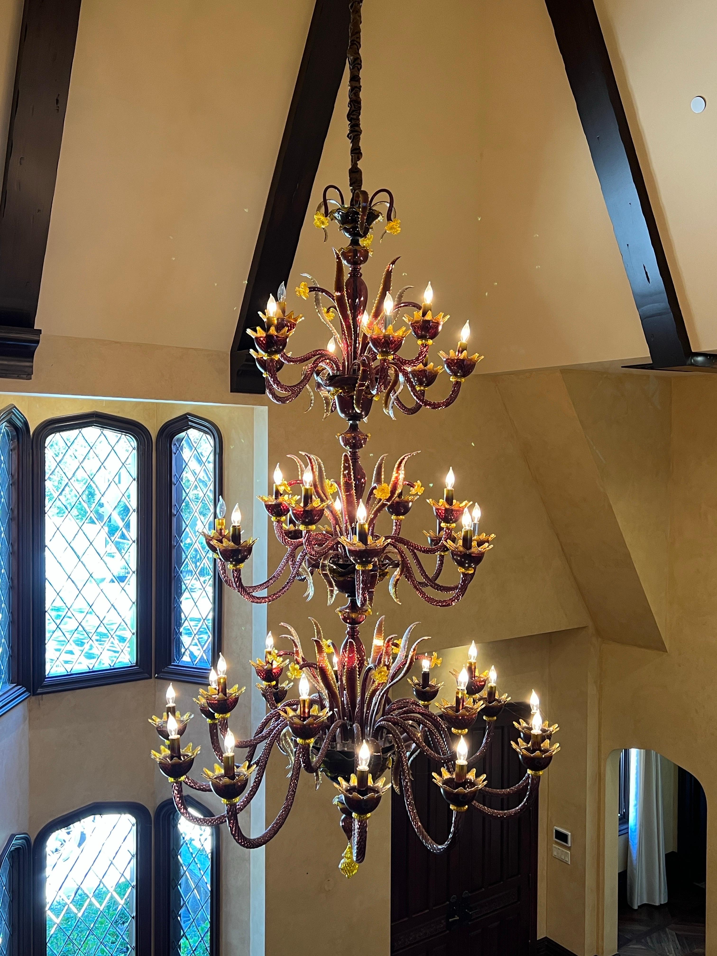 20th Century A Grand Custom-Commissioned Murano Amethyst & Amber 36-Arm Chandelier & Sconces For Sale