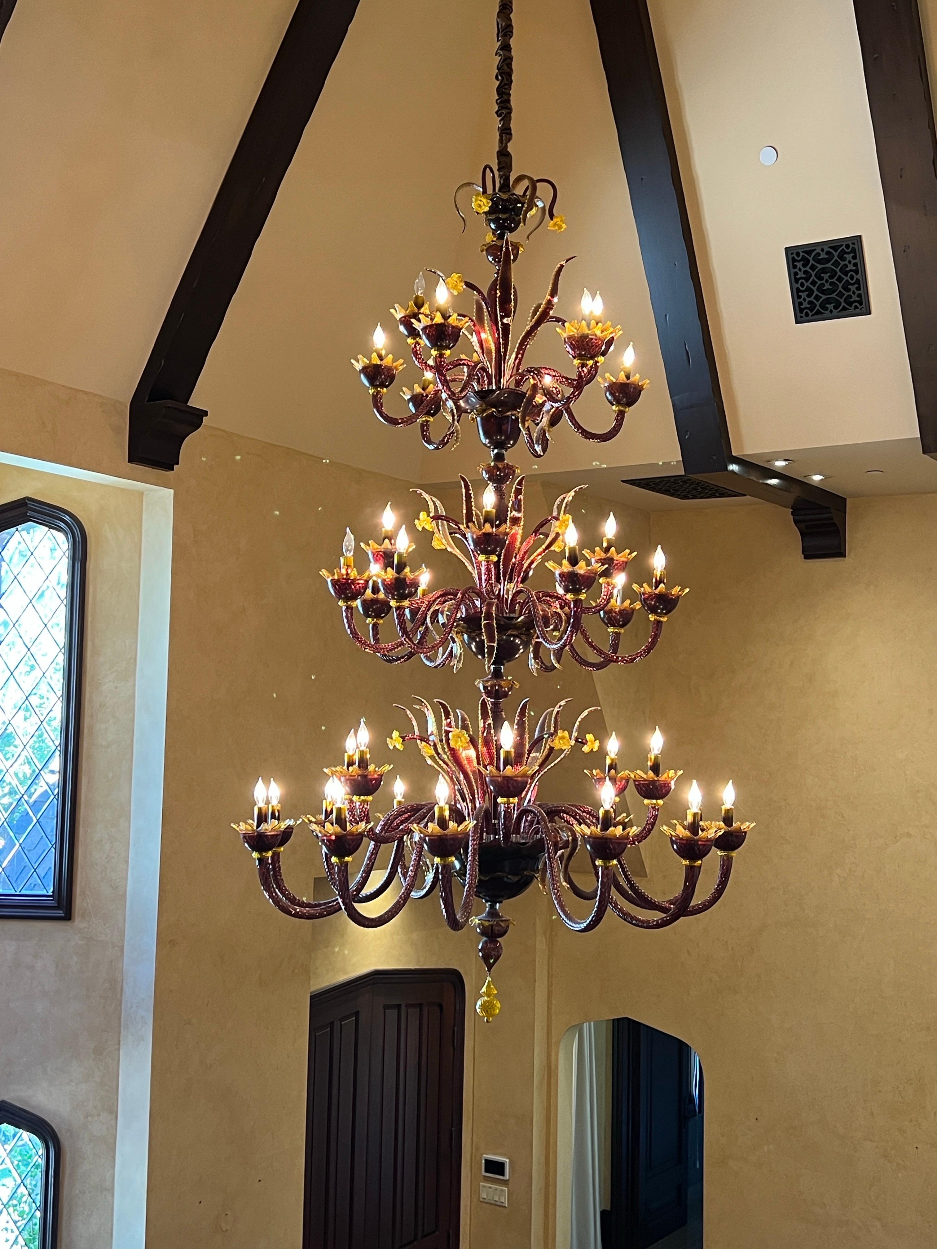 A Grand Custom-Commissioned Murano Amethyst & Amber 36-Arm Chandelier & Sconces For Sale 2