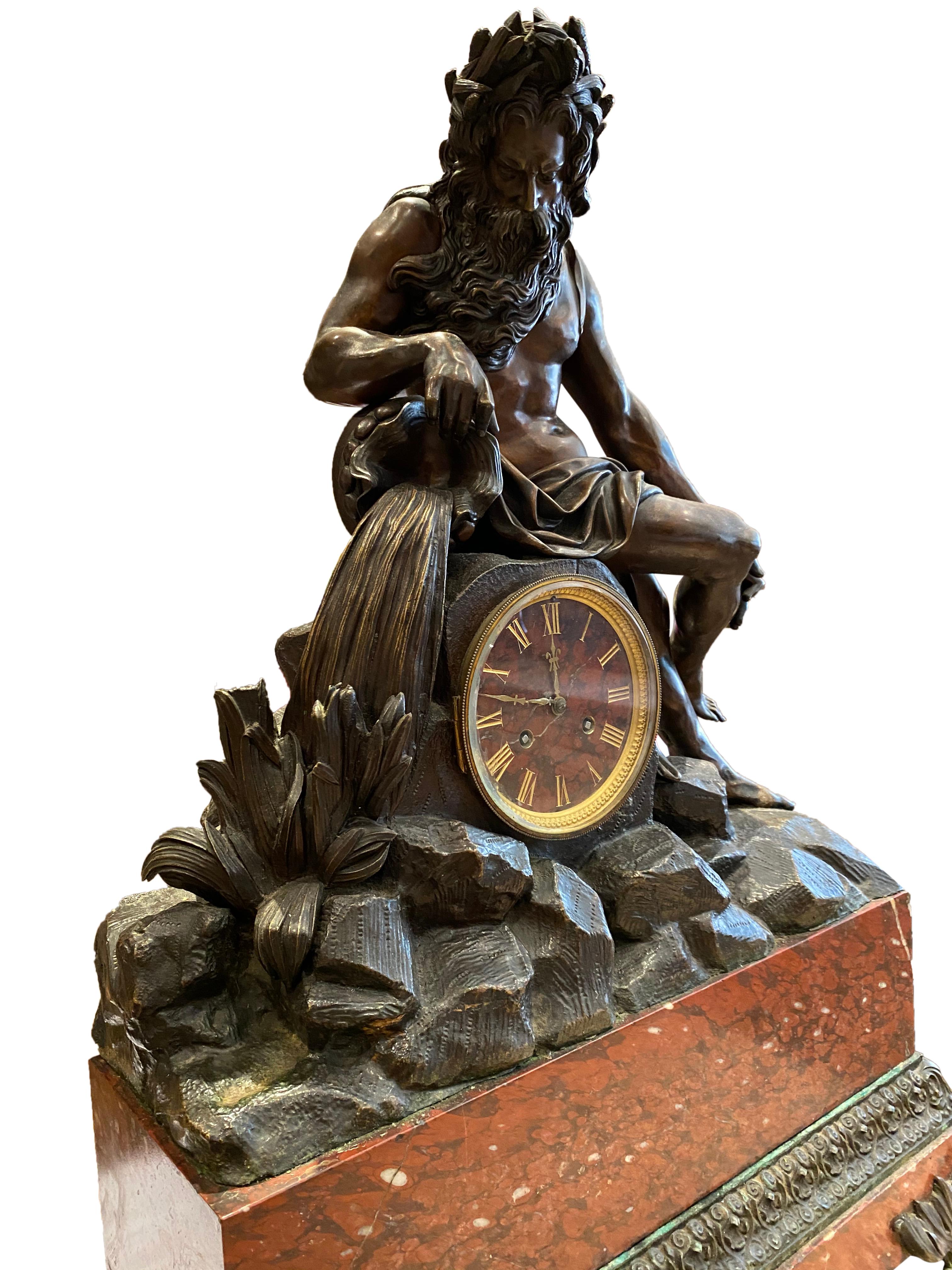 Grand French Gilt and Patinated Bronze Mantle Clock on a Marble Imperial Base For Sale 6