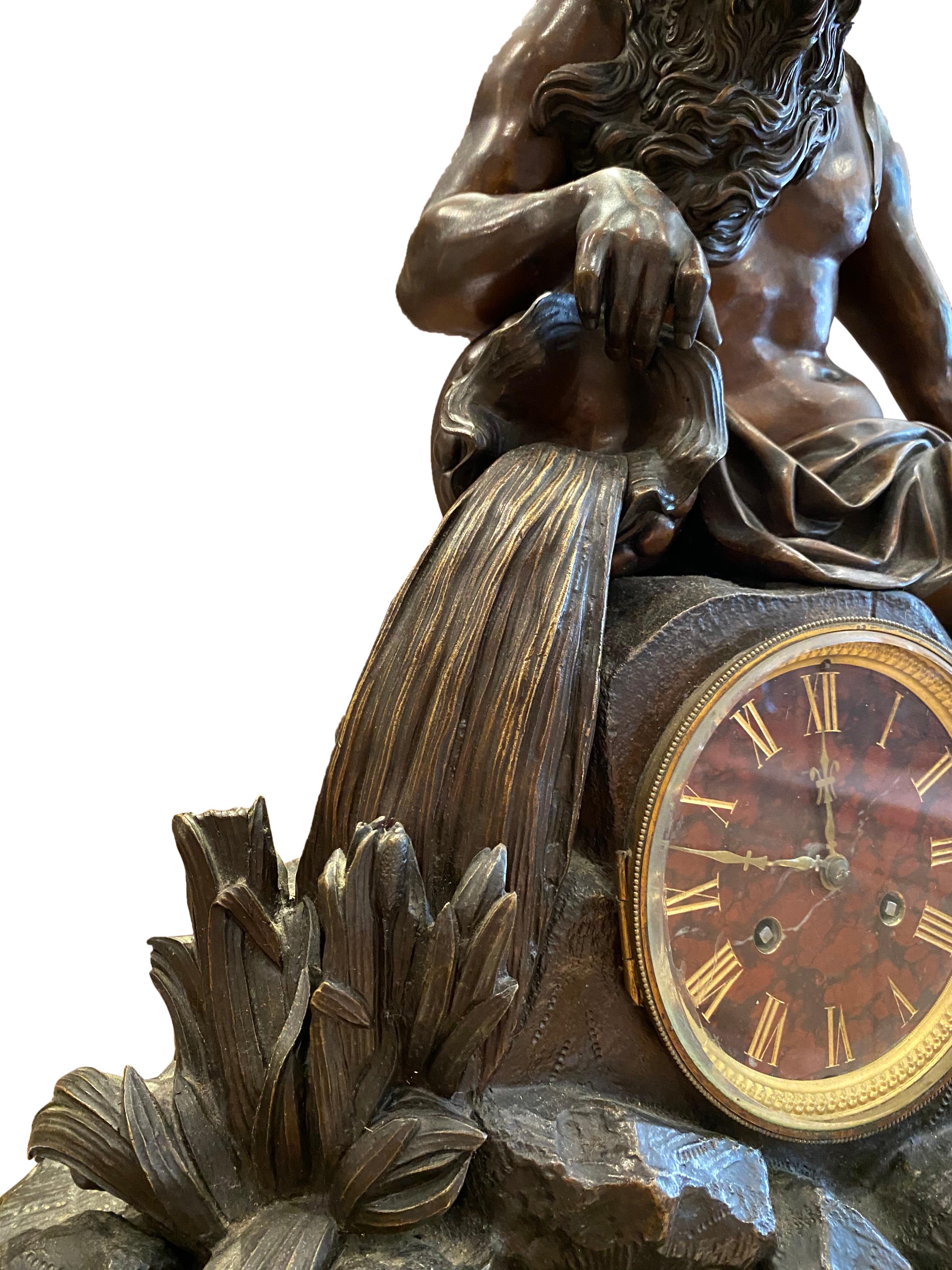 Grand French Gilt and Patinated Bronze Mantle Clock on a Marble Imperial Base For Sale 9