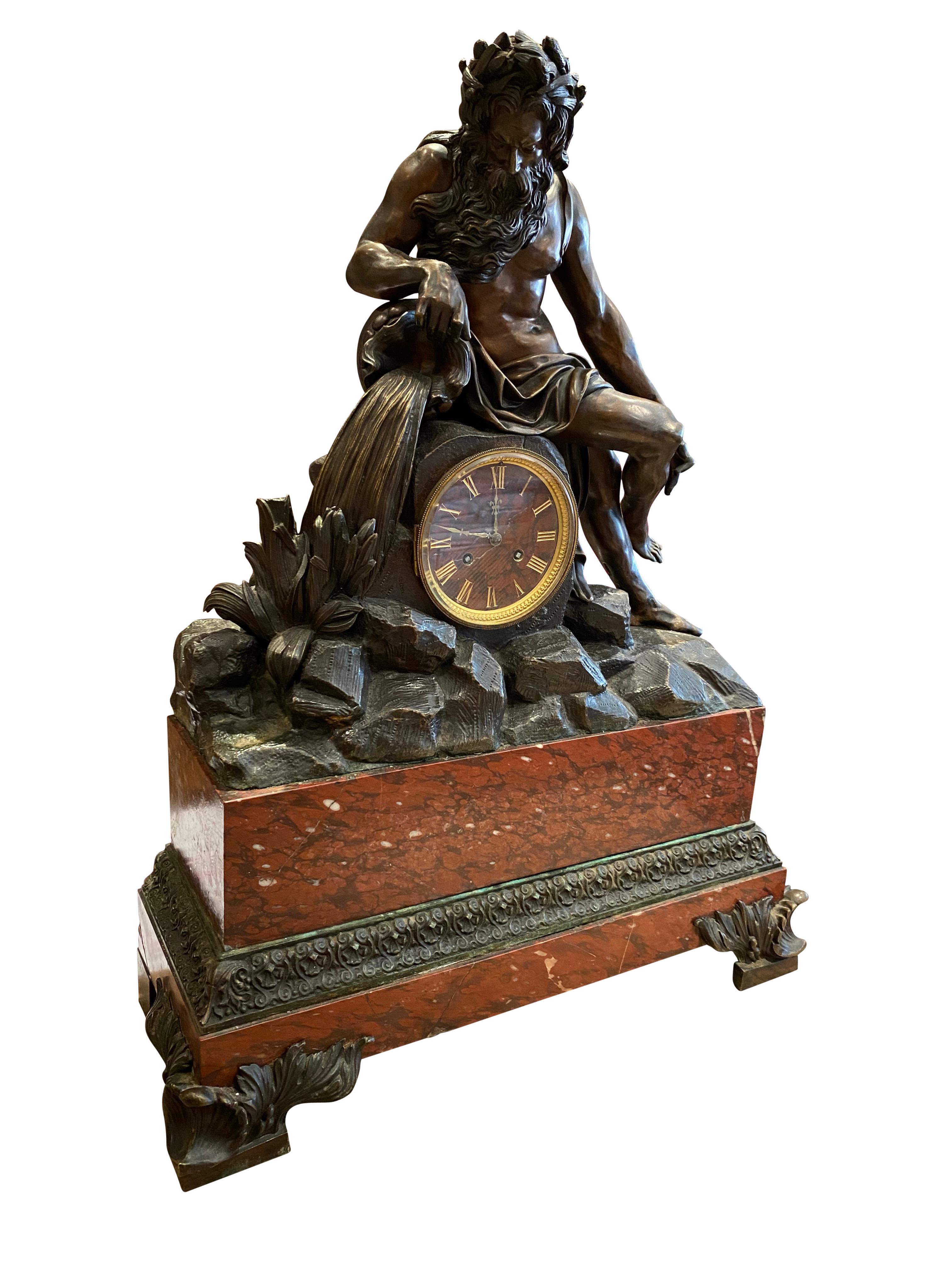 19th Century Grand French Gilt and Patinated Bronze Mantle Clock on a Marble Imperial Base For Sale