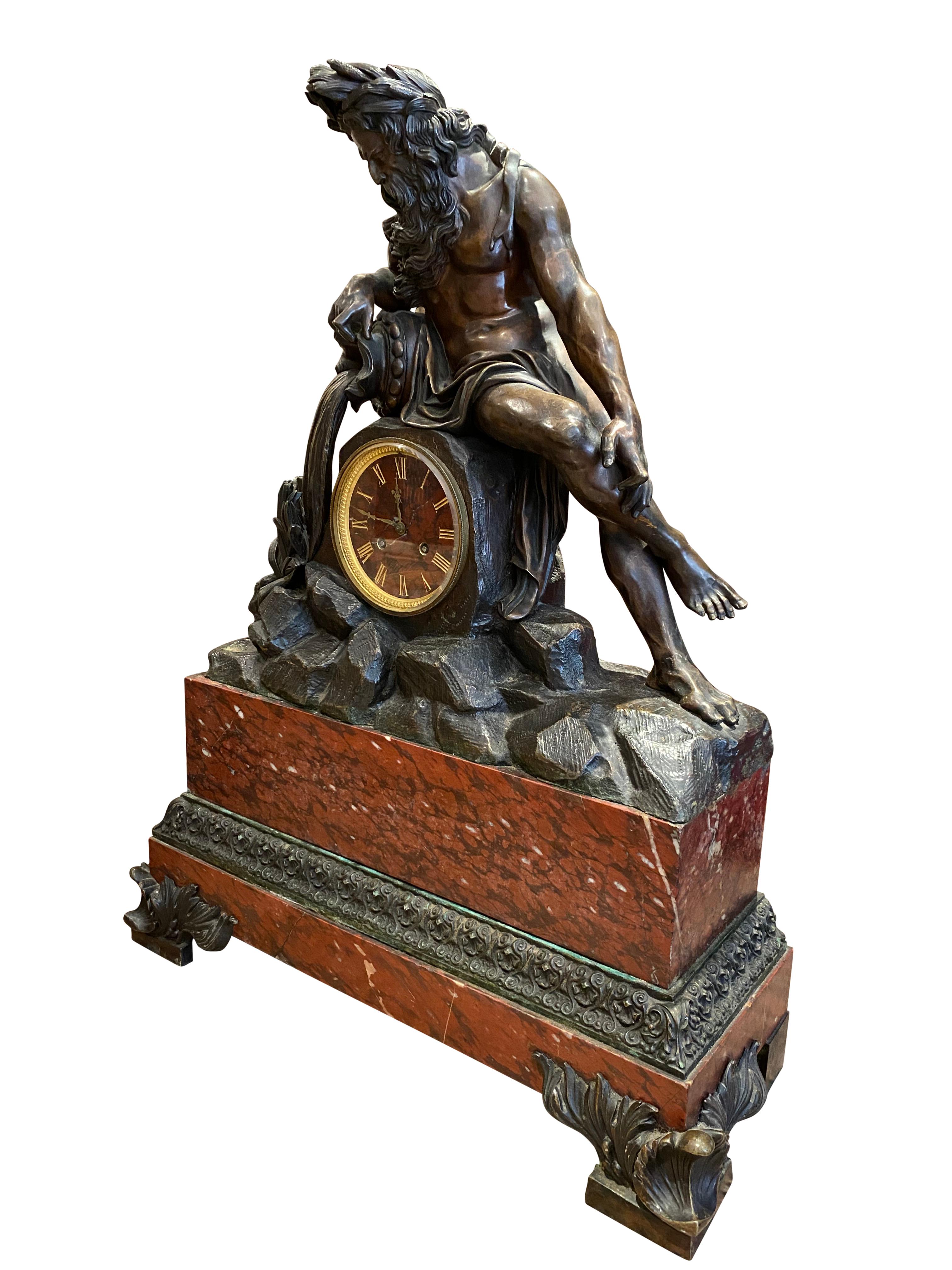 Grand French Gilt and Patinated Bronze Mantle Clock on a Marble Imperial Base For Sale 1