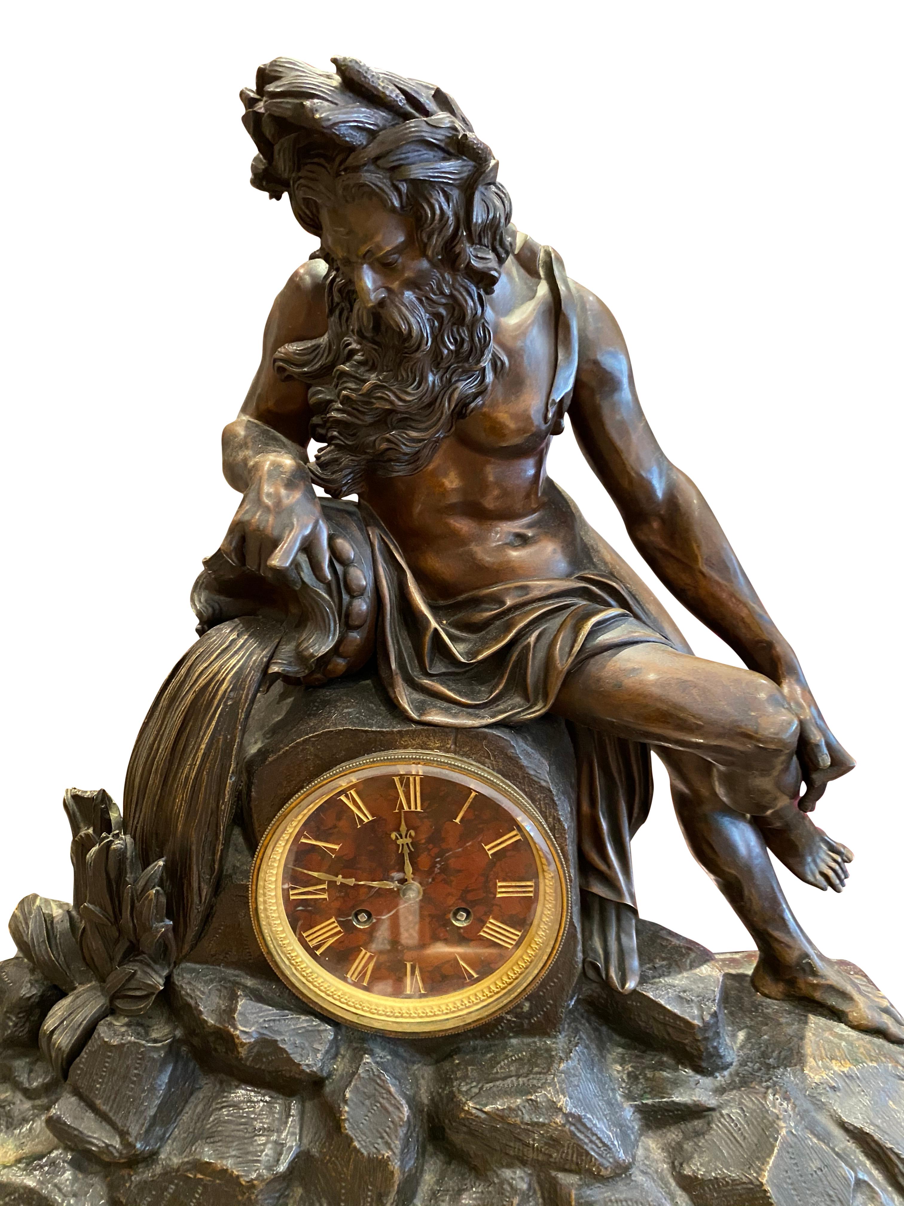 Grand French Gilt and Patinated Bronze Mantle Clock on a Marble Imperial Base For Sale 3