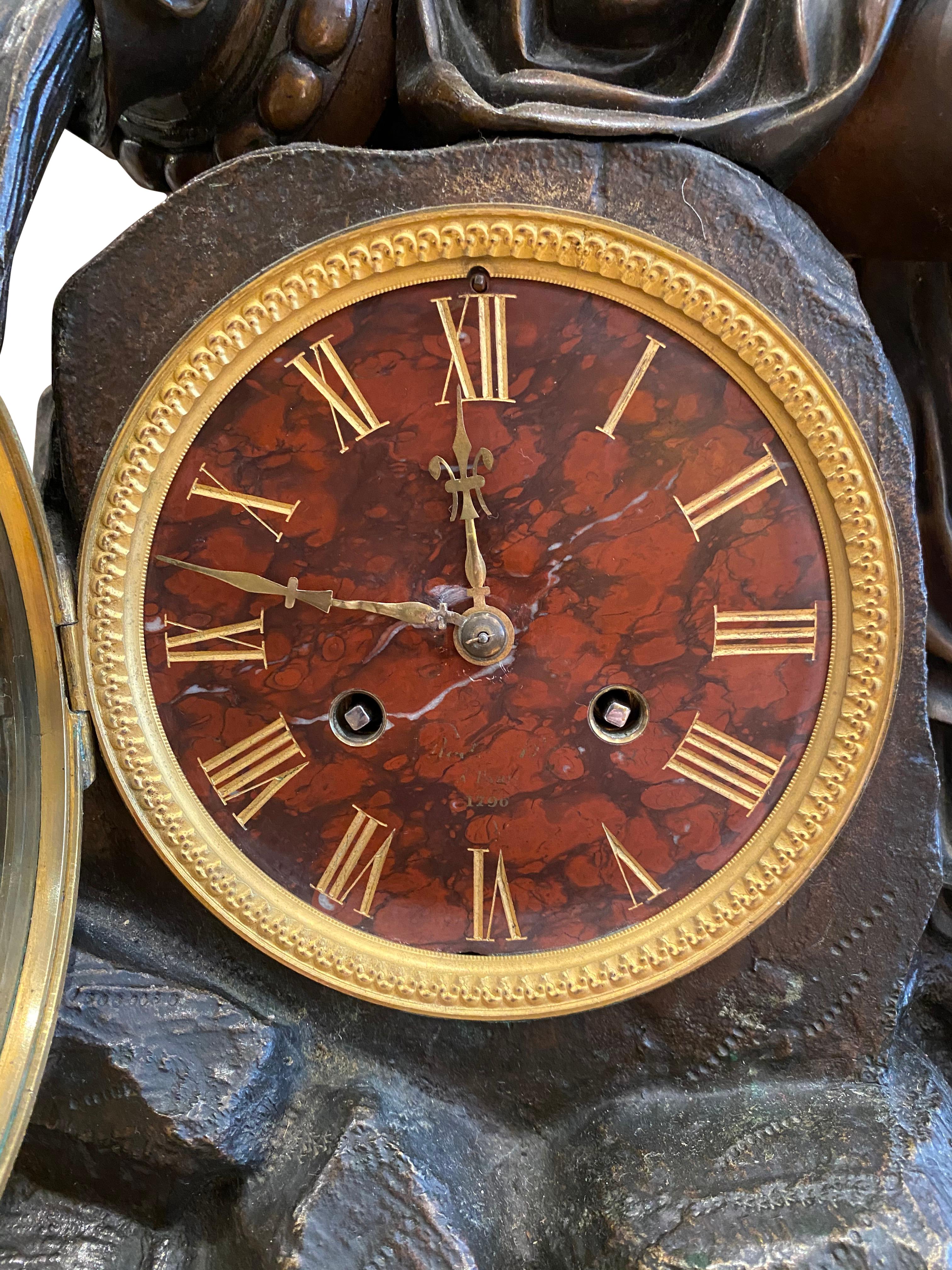 Grand French Gilt and Patinated Bronze Mantle Clock on a Marble Imperial Base For Sale 4
