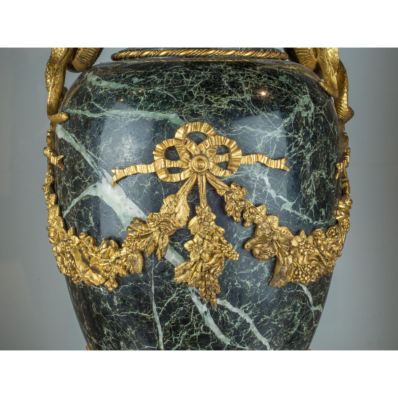 Gilt A Grand Ormolu-Mounted Verde Antico Marble Urns with Serpent Handles For Sale