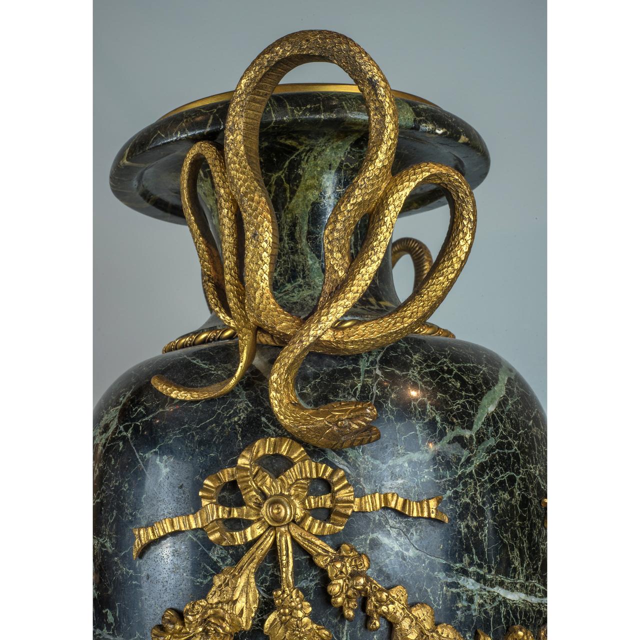 A Grand Ormolu-Mounted Verde Antico Marble Urns with Serpent Handles In Good Condition For Sale In New York, NY